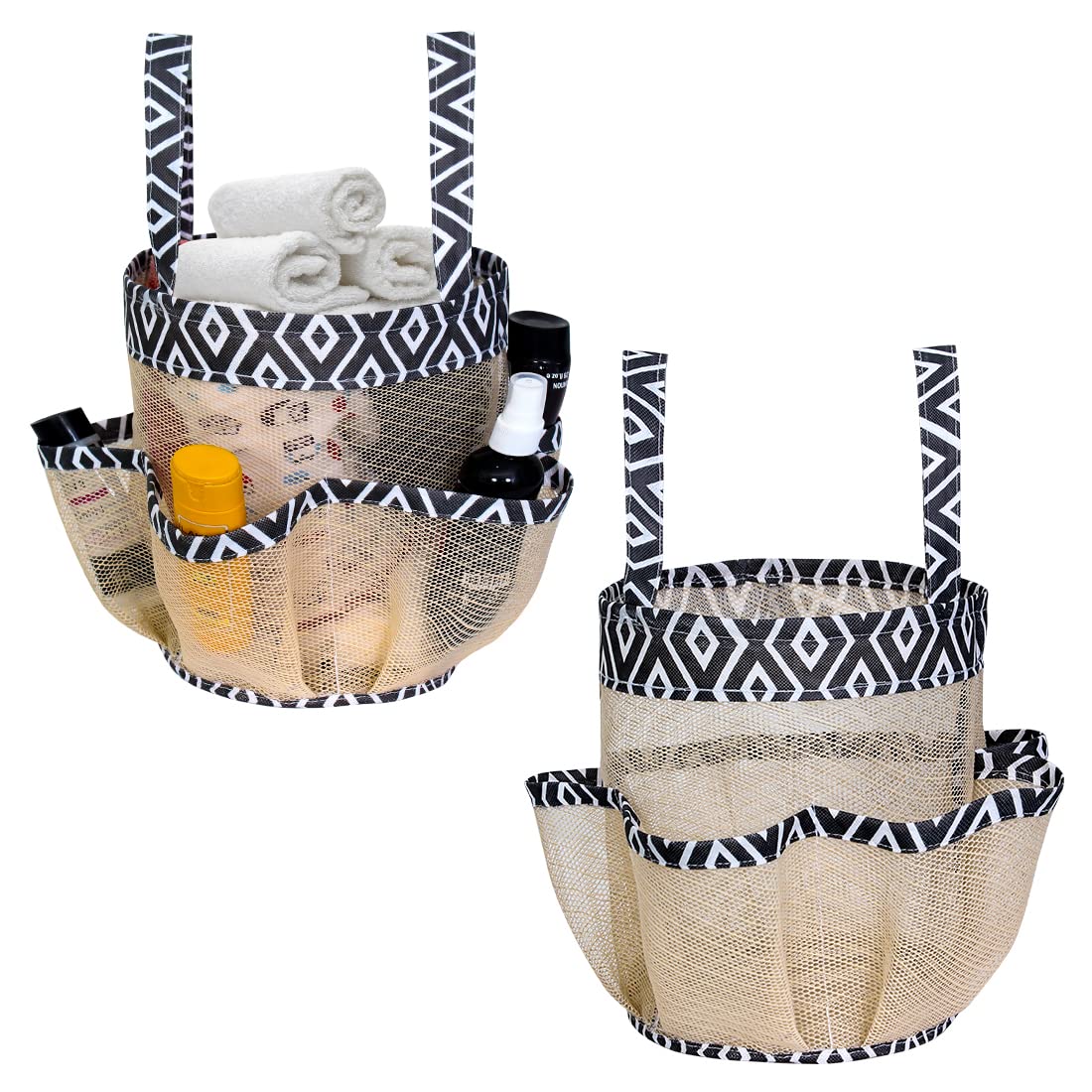 PRETTY KRAFTS Mesh Shower Caddy Tote Bag 8 Pockets, Hanging Portable Toiletry Bag for Men and Women, College Dorm Essentials Quick Dry Bath Organizer for College Dorms, Gym, Camp - Set of 2, Beige