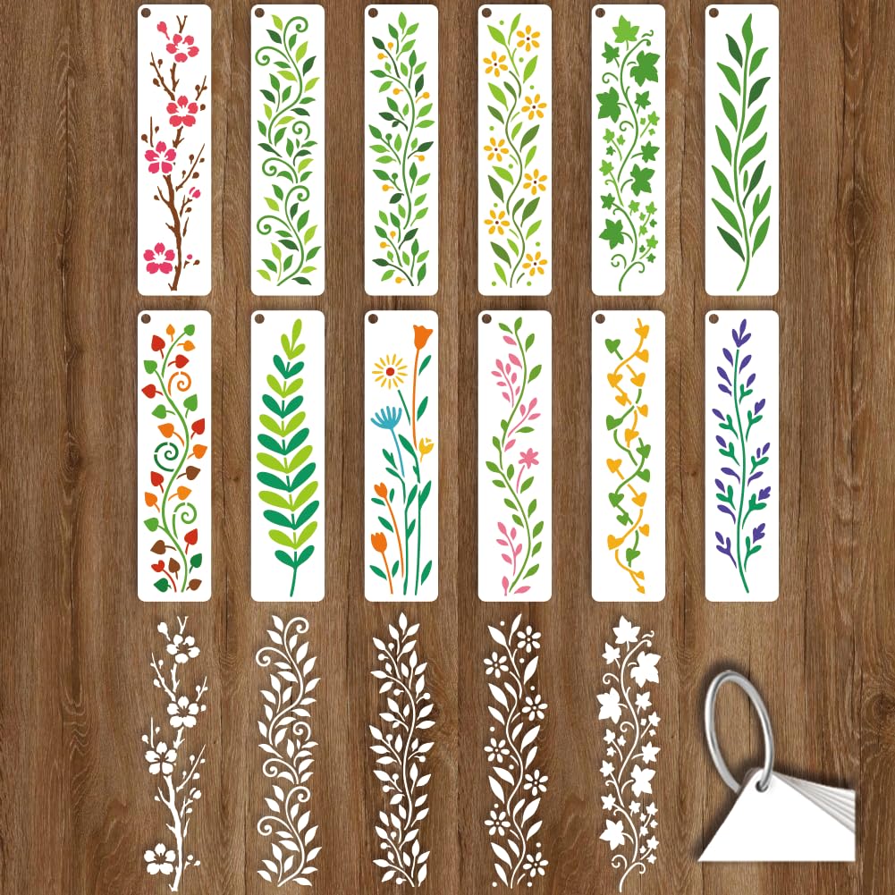 GOMAKERER 12 Sheets Leaf Vine Border Stencil for Painting, 30x7.5cm Slender Vine Template Botanical Leaf Flower Drawing Stencils Reusable Spring Art Stencil for Home Decor on Wood Furniture Canvas