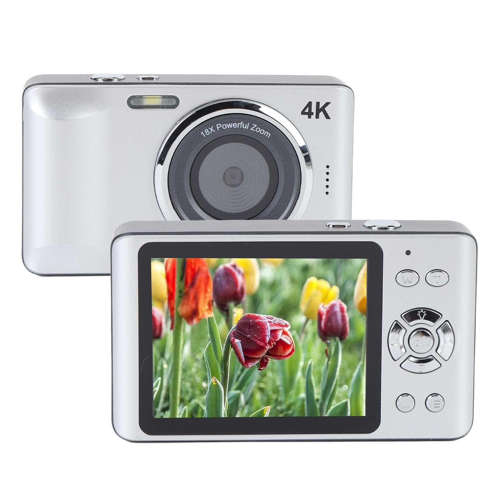 Camera Digitale 4K con Zoom 18x da 64 MP, Punto Automatico e Fotocamera di Tiro, Fotocamera Compatta per Principianti (SILVER)