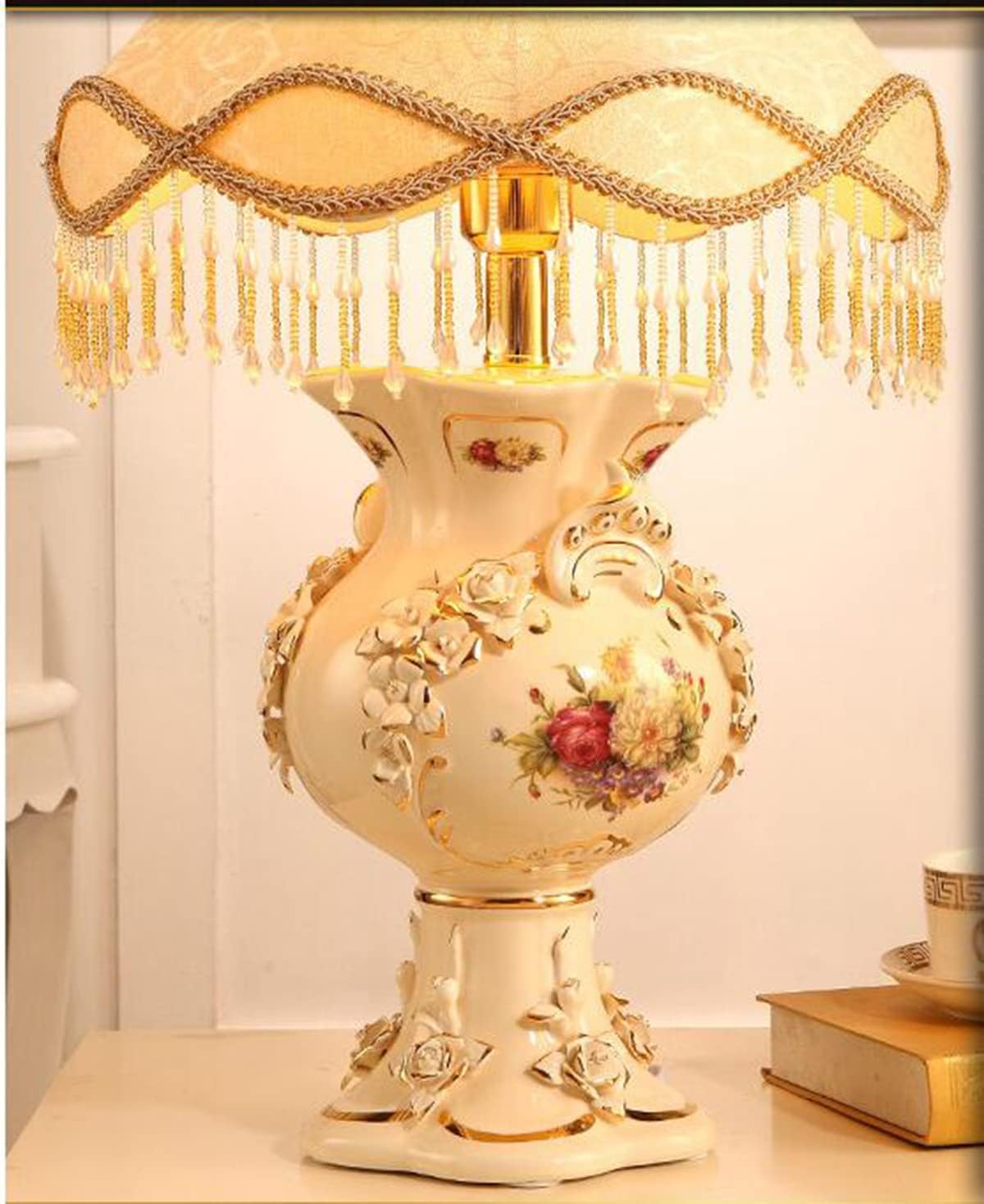 European Table Lamp French Court Fabric Lampshade Ceramic Table Lamp Bedroom Study Designer Classical Bedside Lamp (E27), Table Lamp
