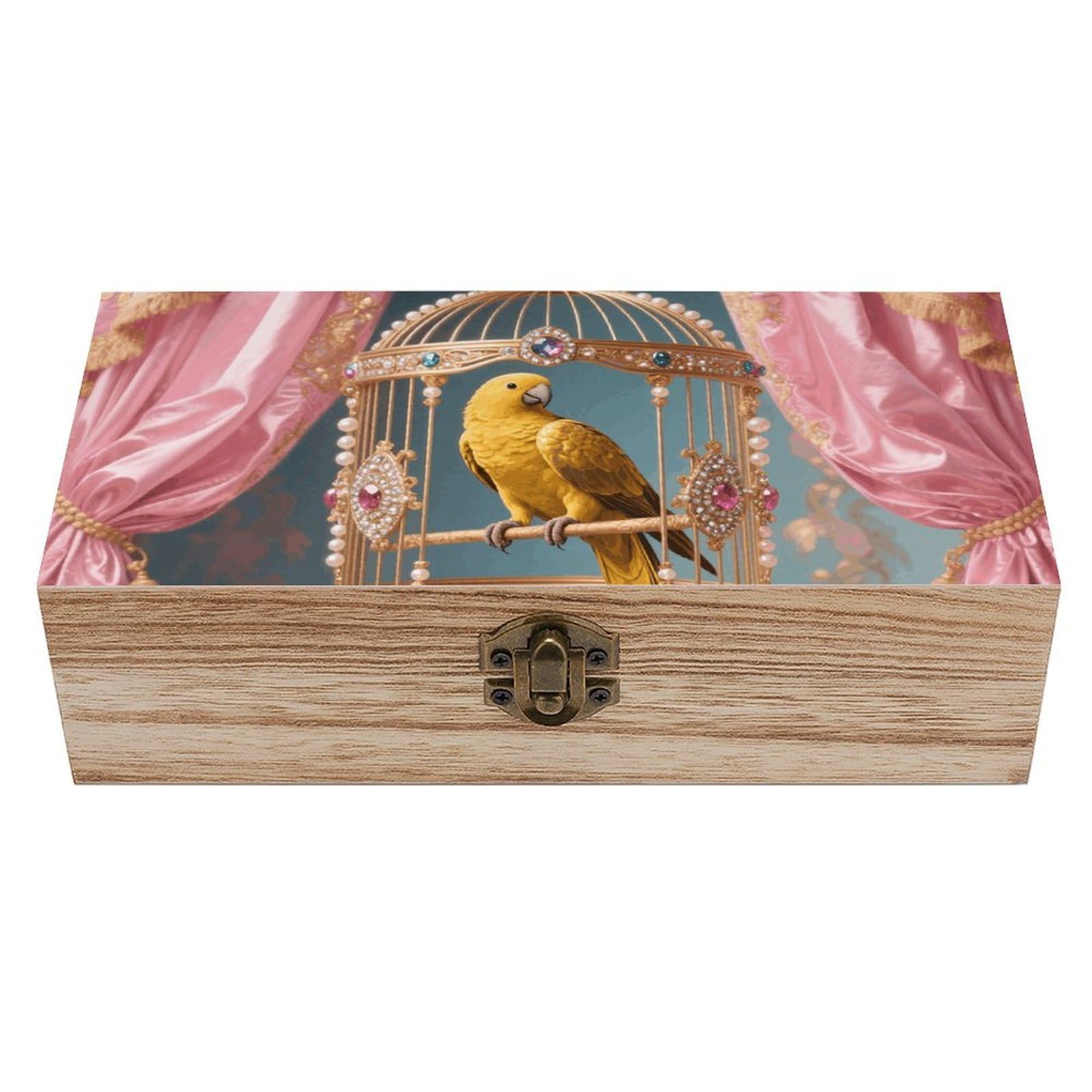 Oudrspo Golden Parrot in Cage Wooden Keepsake Box Decorative Memory Storage Box with Hinged Lid Small Jewelry Keepsake Boxes for Storing Gift Pictures Letters Time Capsule