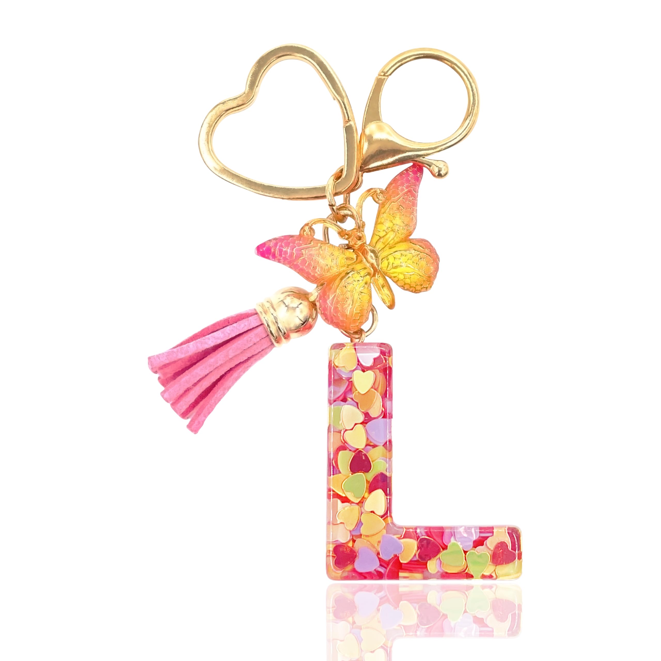 JekeuPink Alphabet Initial Letter Keychain Tassel Butterfly Pendant Heart shape Key Ring for Purse Handbags Women Girl
