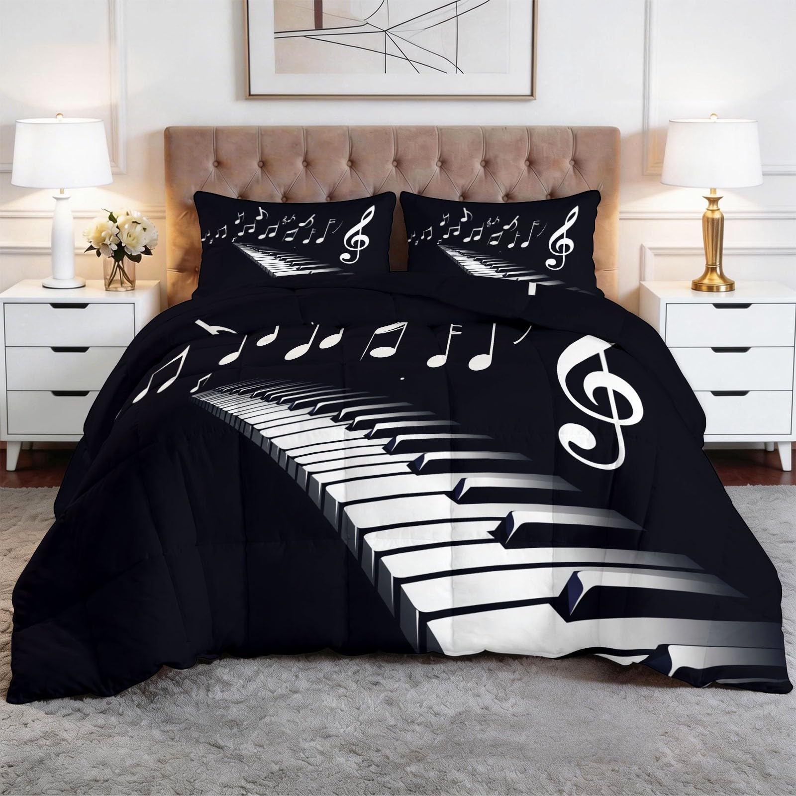 Generico Musica Pianoforte Note Musicali Trapunta Invernale Matrimoniale Imbottita in Morbida Microfibra, Piumone Letto Autunno Inverno Traspirante Anallergico Fantasia 2 Piazze, 220 x 240 cm, Nero