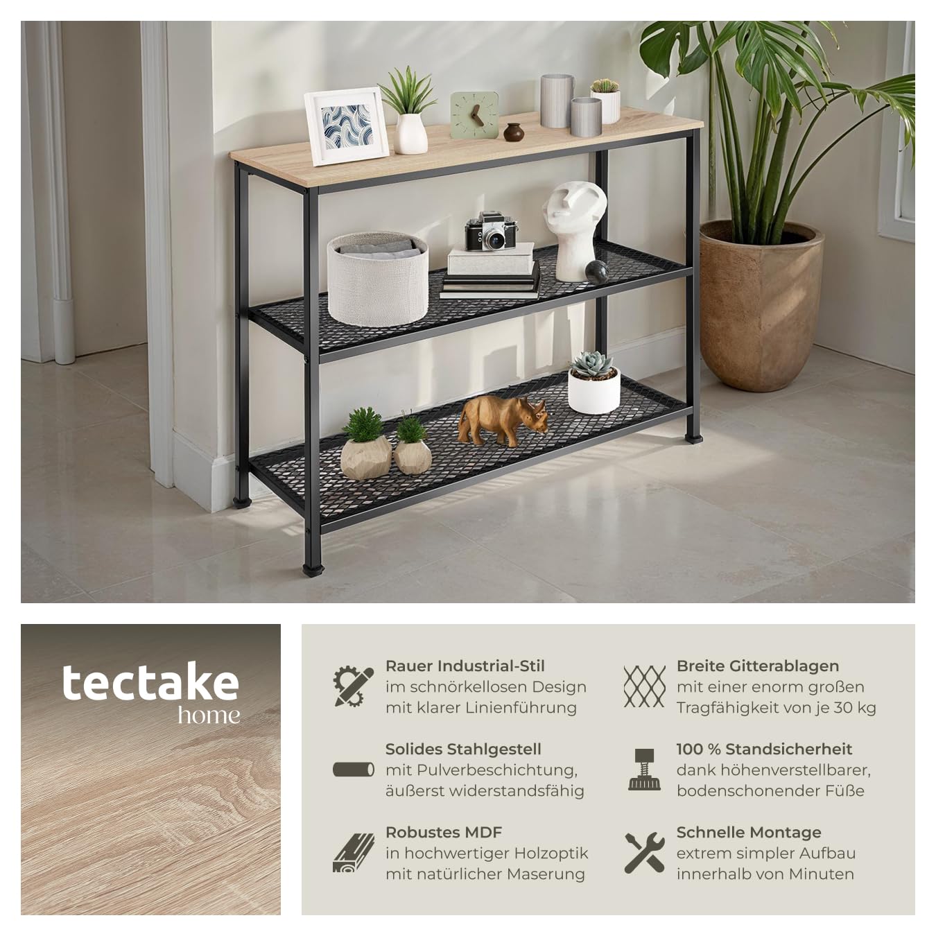 tectake® Industrial Konsolentisch schmal, Bartisch Konsole, Kommode mit 2 Ablagen, Beistelltisch für Wohnzimmer Flur, Sideboard, Regal oder Blumenbank - Industrial Holz hell, Eiche Sonoma