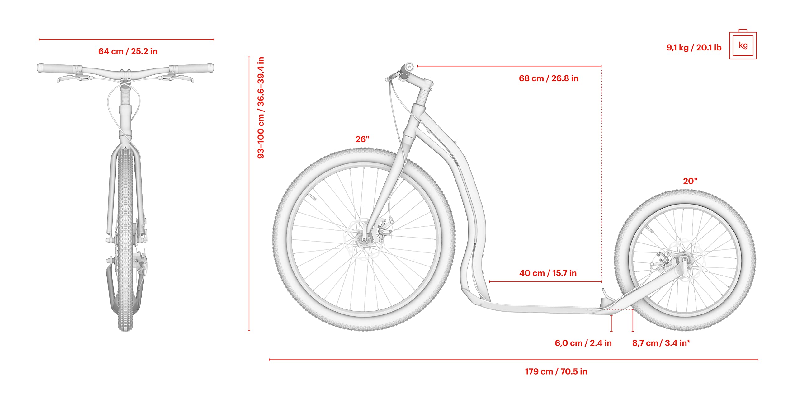 Yedoo Trexx Disc Trottinette tout-terrain, jusqu'à 150 kg, avec pneus pneumatiques 26/20, pour adultes, en alliage d'aluminium, avec freins à disque et guidon réglable, poids 9,1 kg