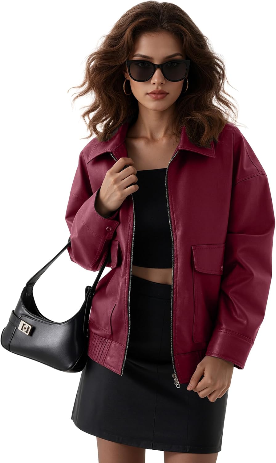 Oversize Leather Jacket Women Faux Motorcycle Coats Bomber with Double Pockets,2025 Fall,Winter Fashion Outwear - Image 2