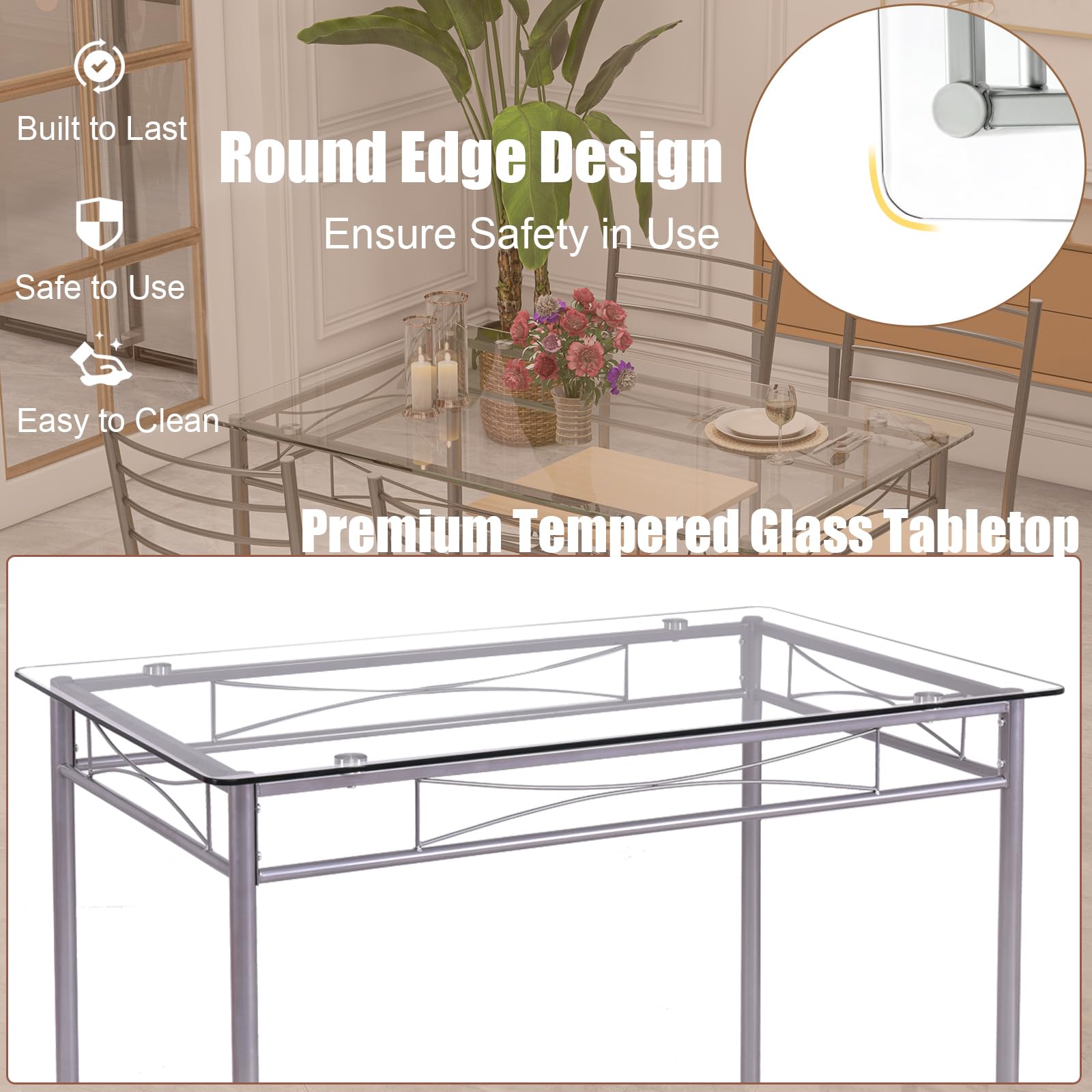 Set Tavolo E 4 Sedie HOMASY - Legno E Vetro, Marrone Chiaro, Salvaspazio Per Cucina O Soggiorno - Foto 2