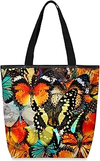 Sacolas de lona com zíper e bolso interno, bolsa de ombro feminina casual bolsa de mão borboleta colorida, bolsas de compras reutilizáveis de cozinha, bolsas de lona para uso para livros, sacolas de compras, sacolas de presente, Multicor