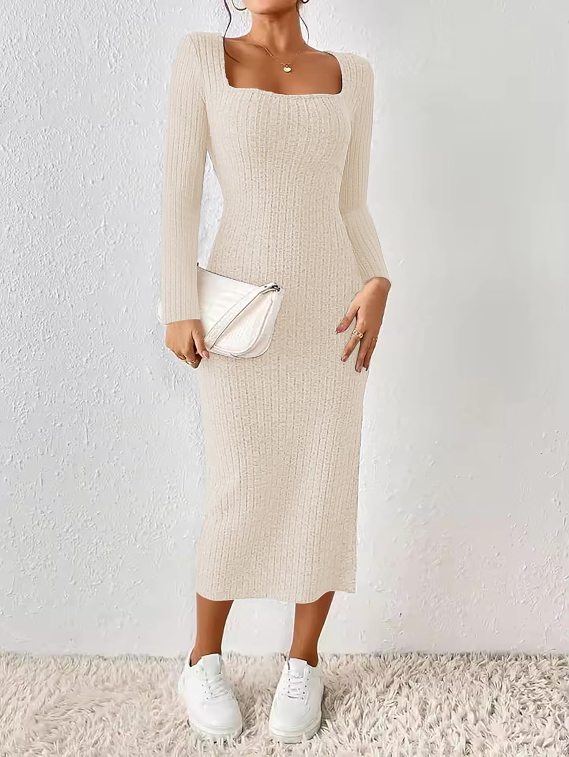 ETCYY NEW Womens Fall Dresses Square Neck Knitted Elastic Basic Spring Bodycon Versatile Slit Dress - Image 4