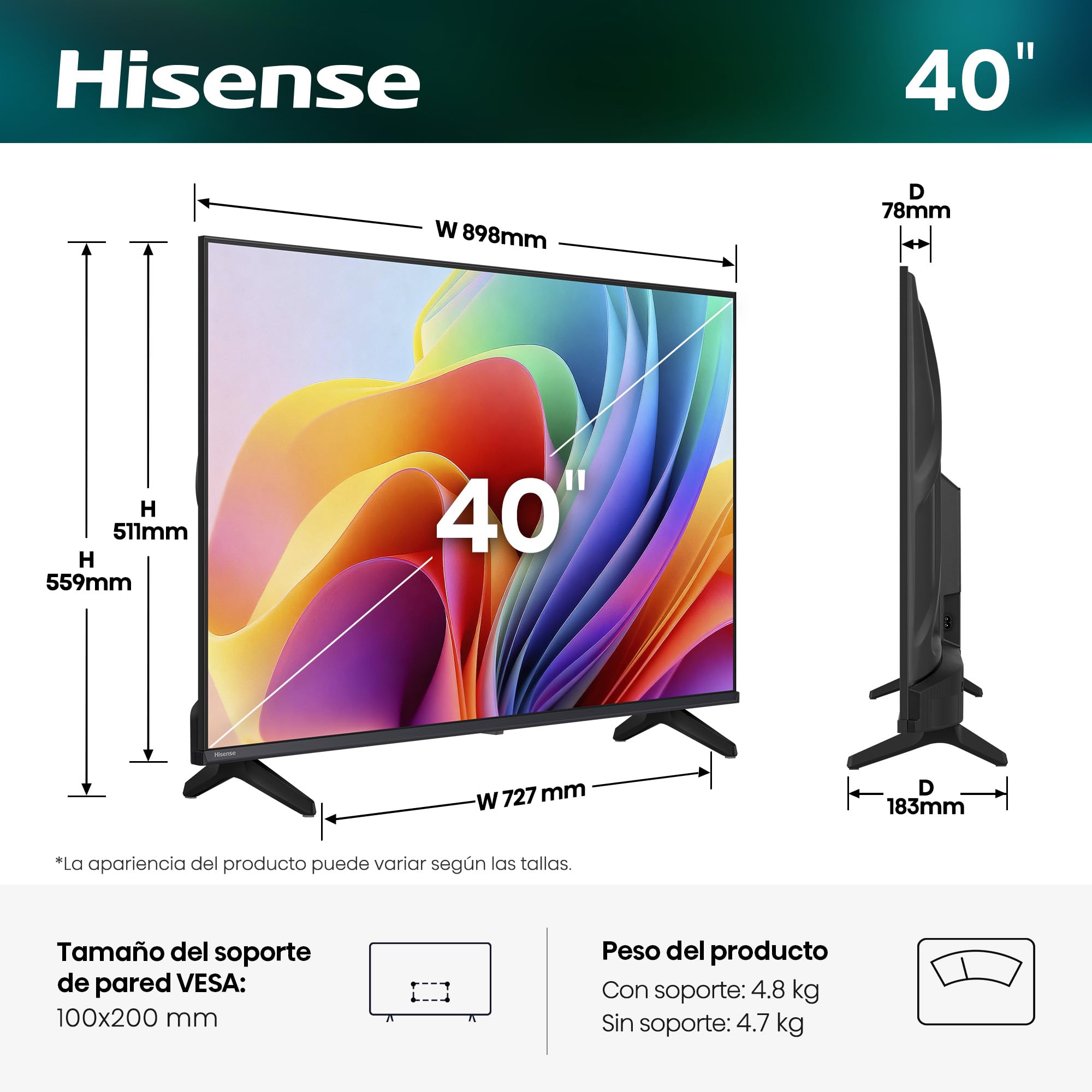 Hisense 40A4S - FHD Smart TV 40 Pulgadas,Natural Colour Enhancer, Dolby Audio, Share to TV, Reducción de Ruido, Modo Juego, Airplay, Smart Home Ready