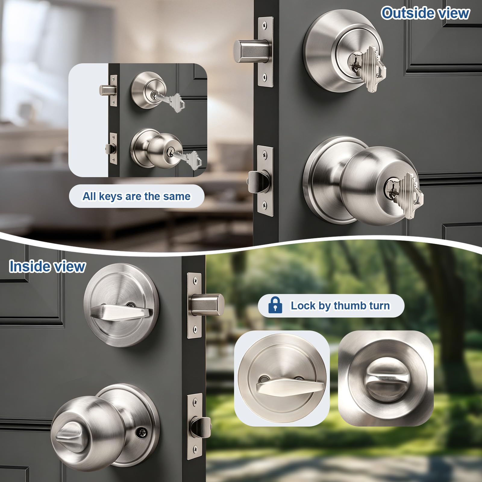 Knobonly 1 pomo de puerta exterior con llave igual, cerradura redonda para exteriores con cerrojo de una cara, níquel satinado, acero inoxidable