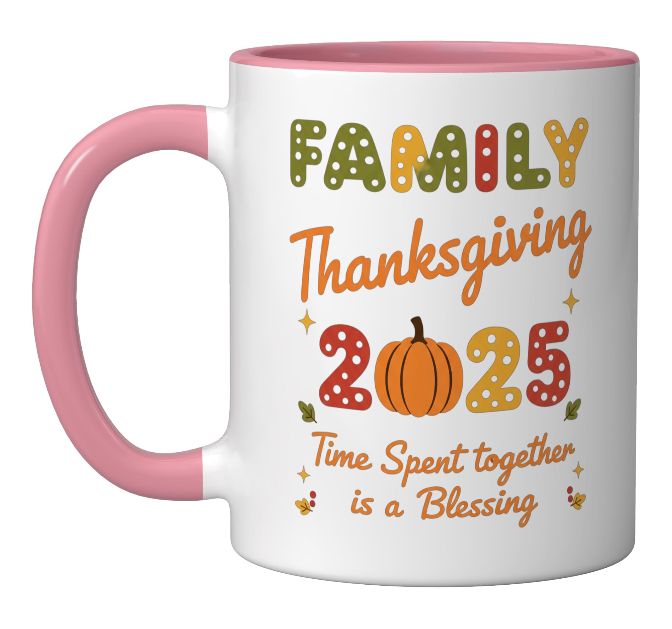 Family Thanksgiving 2025 Pumpkin, Autumn & Halloween Season Ceramic Mug, Pink/White