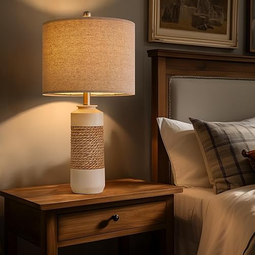 Miniatura 6 de OYEARS Juego de 2 lámparas de mesa de noche de 23.75 pulgadas para dormir y leer, lámpara de mesa vintage de ratán de granja, lámpara de resina