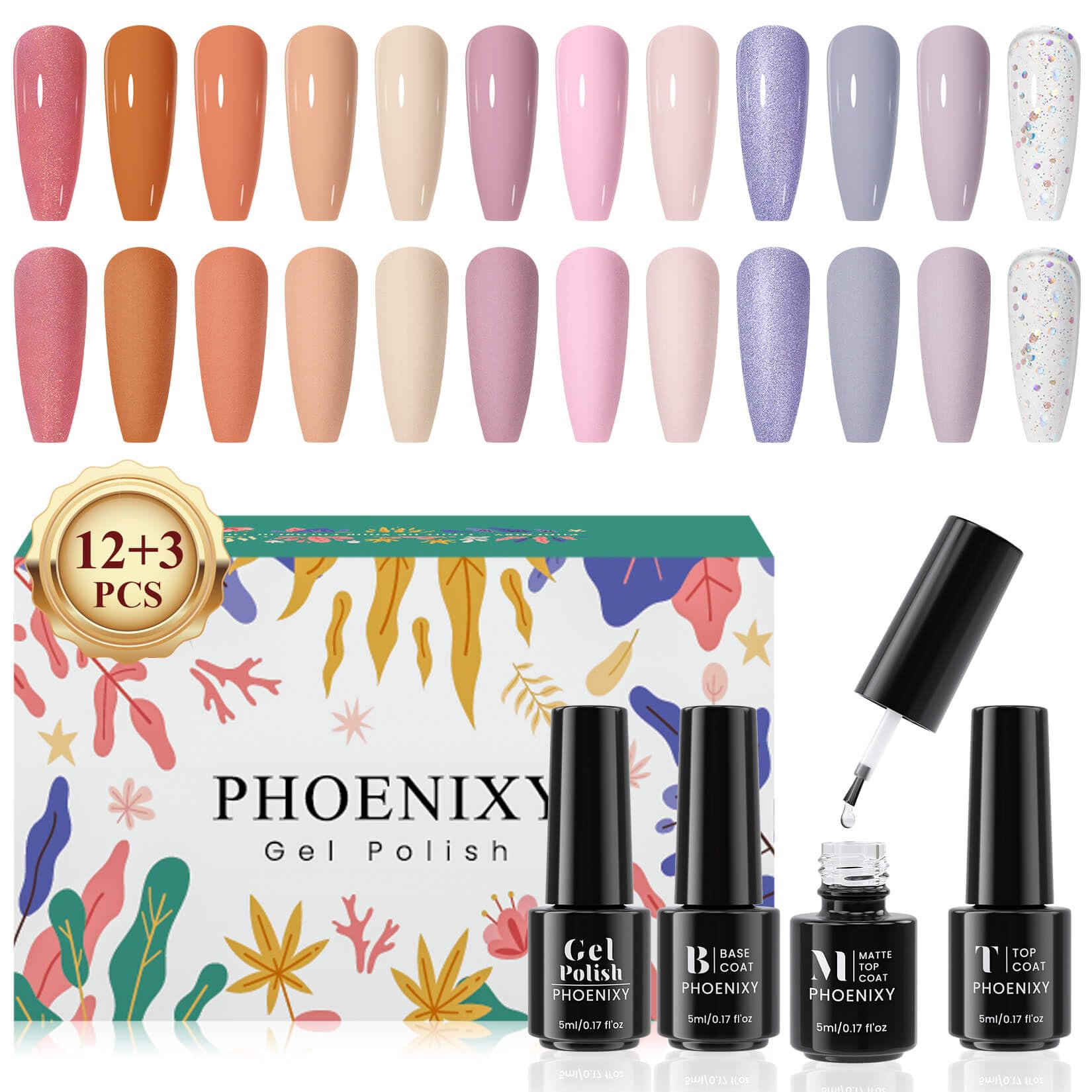 Phoenixy Esmaltes Semipermanentes para Uñas 15Pcs Pintauñas Semipermanente en Gel U V/LED 12 Colores Kit de Uñas Semipermanentes con Base y Top Coat Regalos para Mujeres