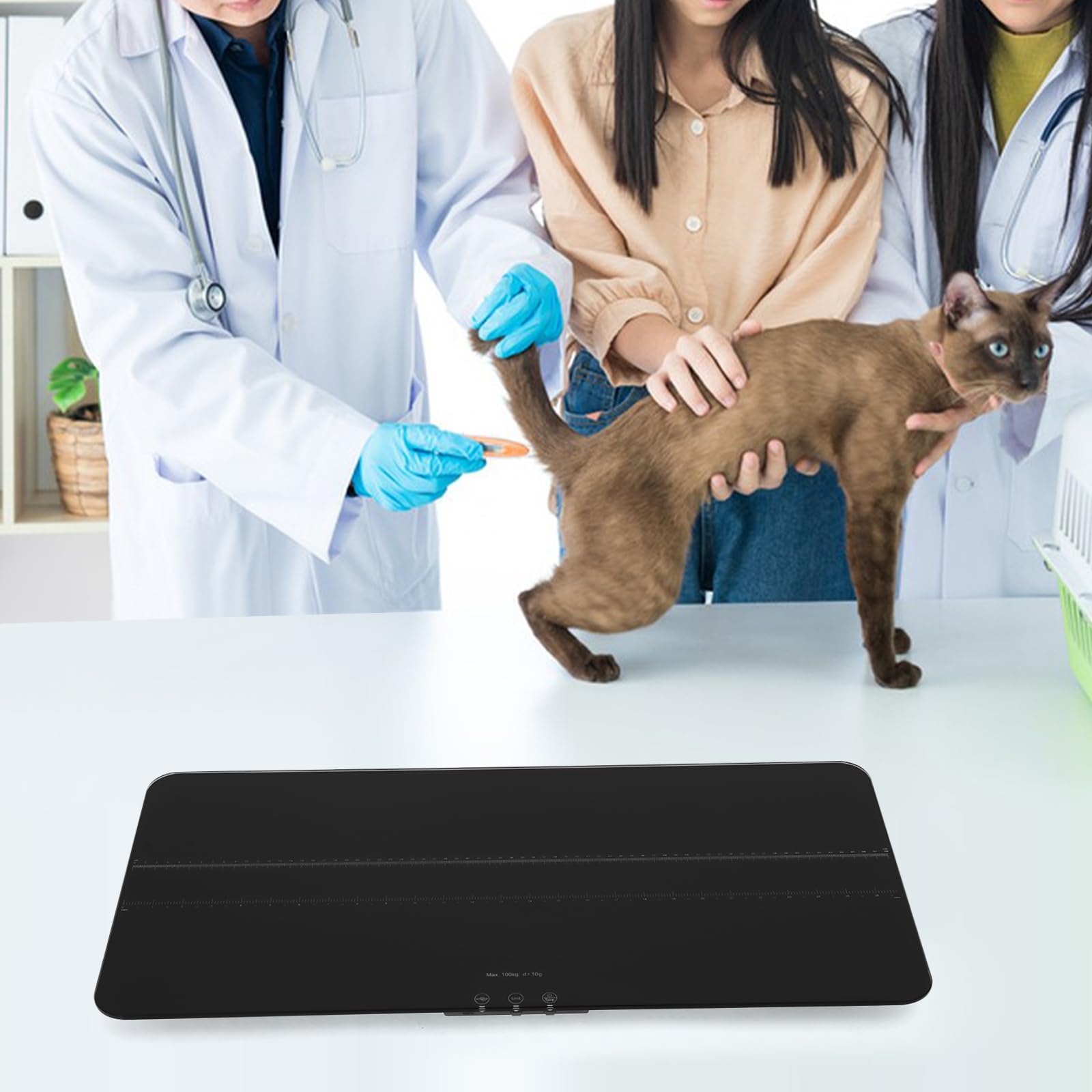 Haustierwaage, digitale Haustierwaage mit LED-Anzeige, hohe Präzision mit einer Genauigkeit, große Kapazität von 220 lbs für mittelgroße Hunde, Plattform aus gehärtetem Glas, inklusive Maßband (Black)