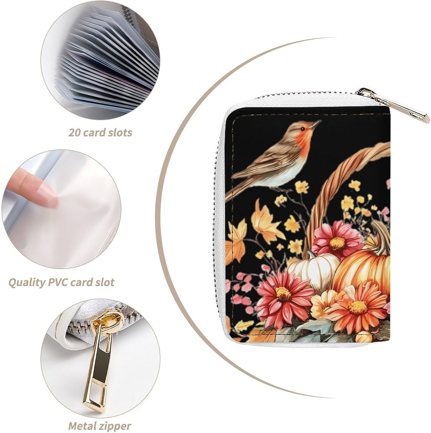 Autumn Harvest Pumpkin Flowers Birds Small Business Credit Card Holder Wallet with 20 Card Slots Case Coin Purse Pouch