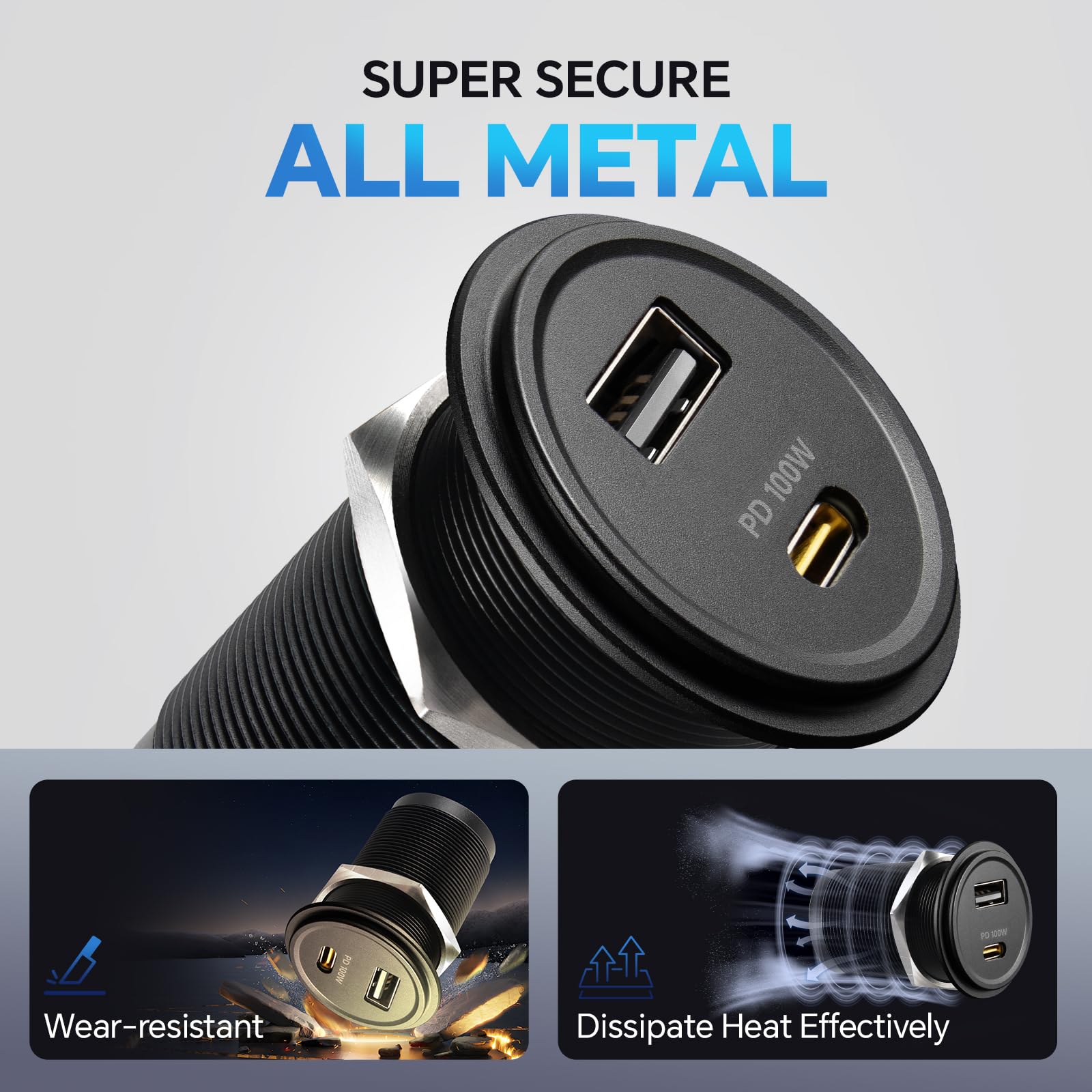 Złącze USB 12V dla campera z aluminium, ładowarka samochodowa, złącze USB C 100W PD3.0 USB-C i QC3.0 USB-A 18W wtyczka do laptopów, do autokarwan, przyczep kempingowych, łodzi, ciężarówek (2