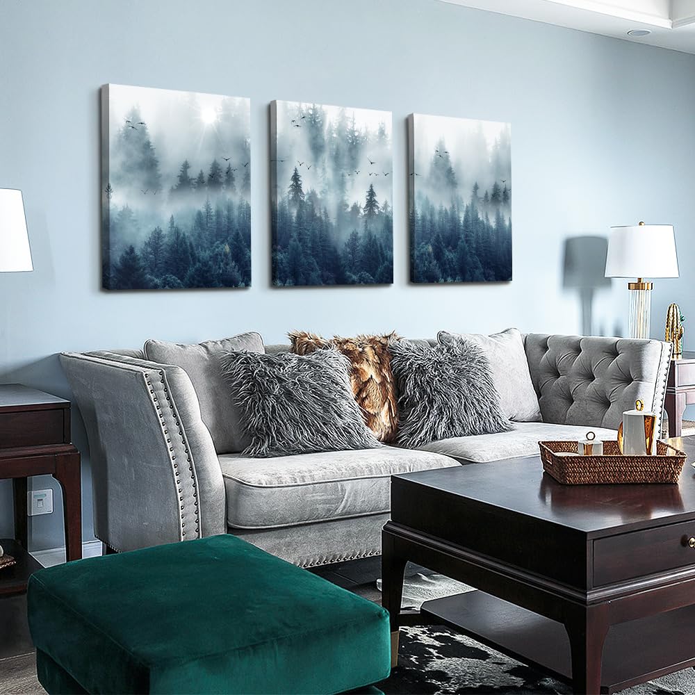 Lapremoly Wall Decorations For Living Room 3 Piece Framed Canvas Wall Art For Bedroom Office Wall Decor Misty Forests Trees Wall Paintings Landscape Pictures Artwork Modern Posters Room Home Decor