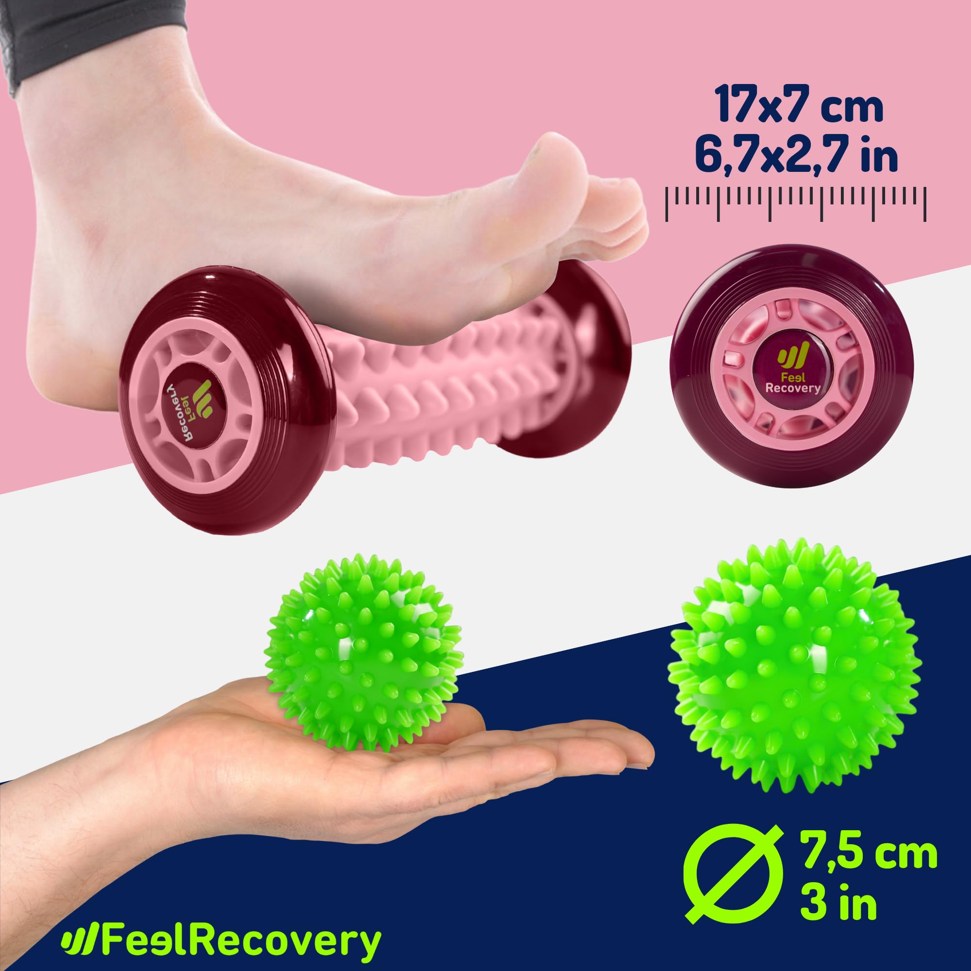 Set Rodillo Masajeador Pies para Fascitis Plantar + Pelota con Pinchos para Masaje Reflexología Podal - Kit Acupresión Alivio Dolor de Planta y Talón del Pie, Piernas, Anticelulitis (Rosa)