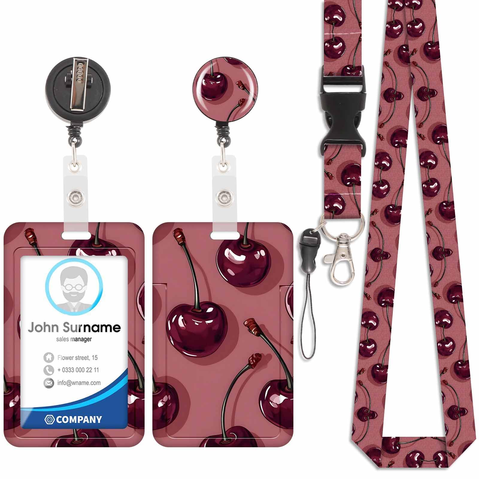 Badge Holder with Lanyard, ID Badge Holders with Detachable Cute Lanyard, Retractable Badge Reel Carabiner Clip, Personalized Vertical Card Cover Case Protector for Nurse Teacher Student (Cherry-1)
