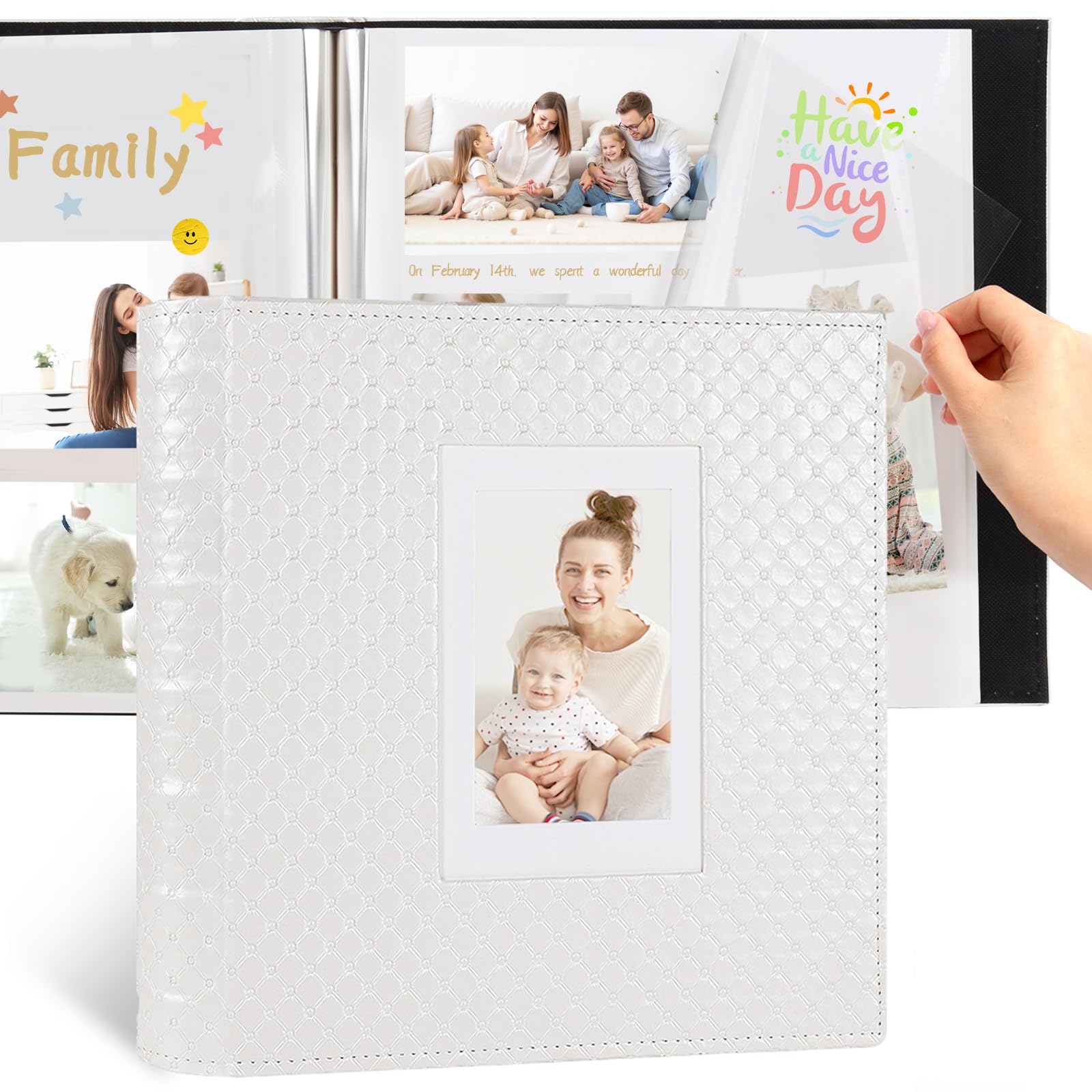 RECUTMS Self Adhesive Photo Album, Large PU Leather Scrapbook Album with Cover Window, 60 Pages DIY Picture Album Holds 3x5 4x6 5x7 8x10 Photos for Family, Wedding, Travel & Memory Book(White)