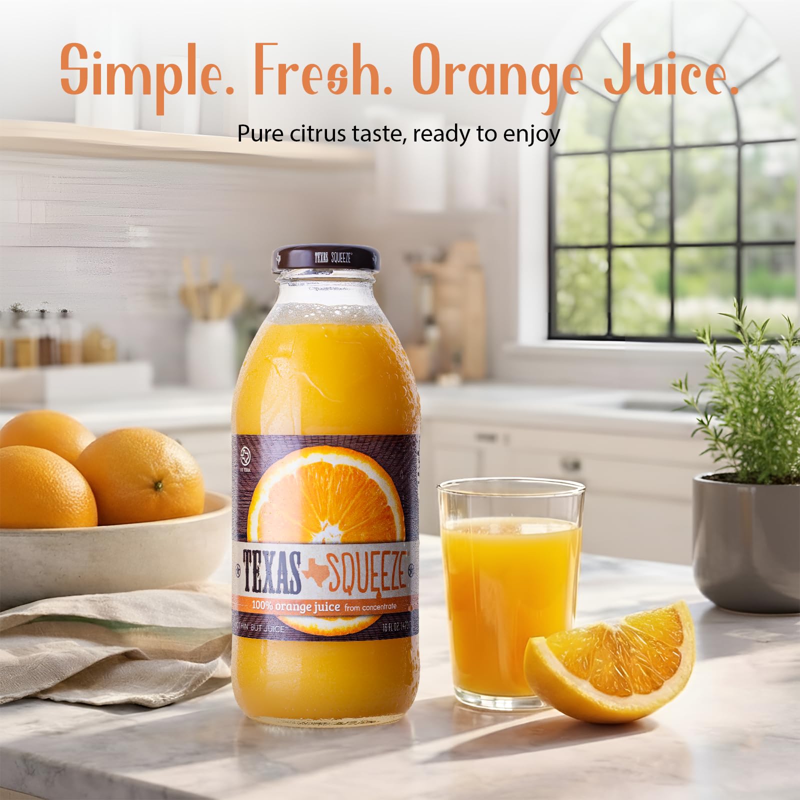 Texas Squeeze Orange Juice, NON GMO Verified, Texas Grown and Bottled, Orange Juice from Concentrate, No Sugar Added, No Preservatives, 16 fl oz, Pack of 12