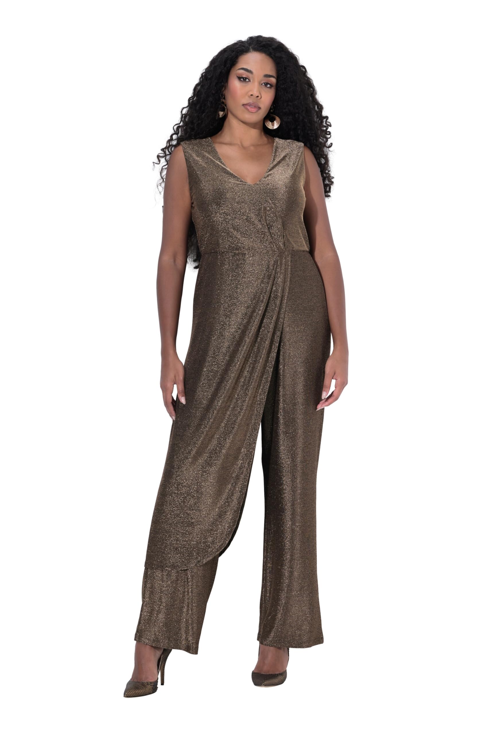 Ulla Popken Damen große Größen Übergrößen Plus Size Jumpsuit, Glitter, weites Bein, V-Ausschnitt, ärmellos 844396