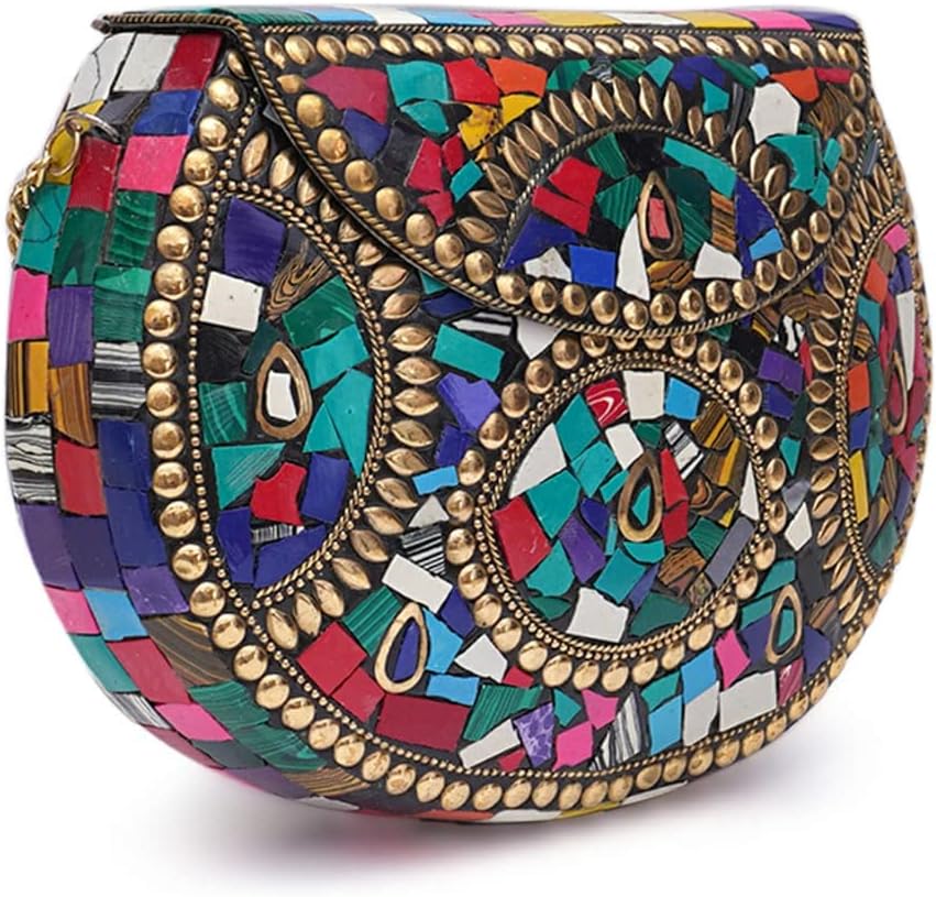 Shakuntala Vintage Clutch - Metal Mosaic Stone & Shell Design Purse - Handmade Women's Handbag