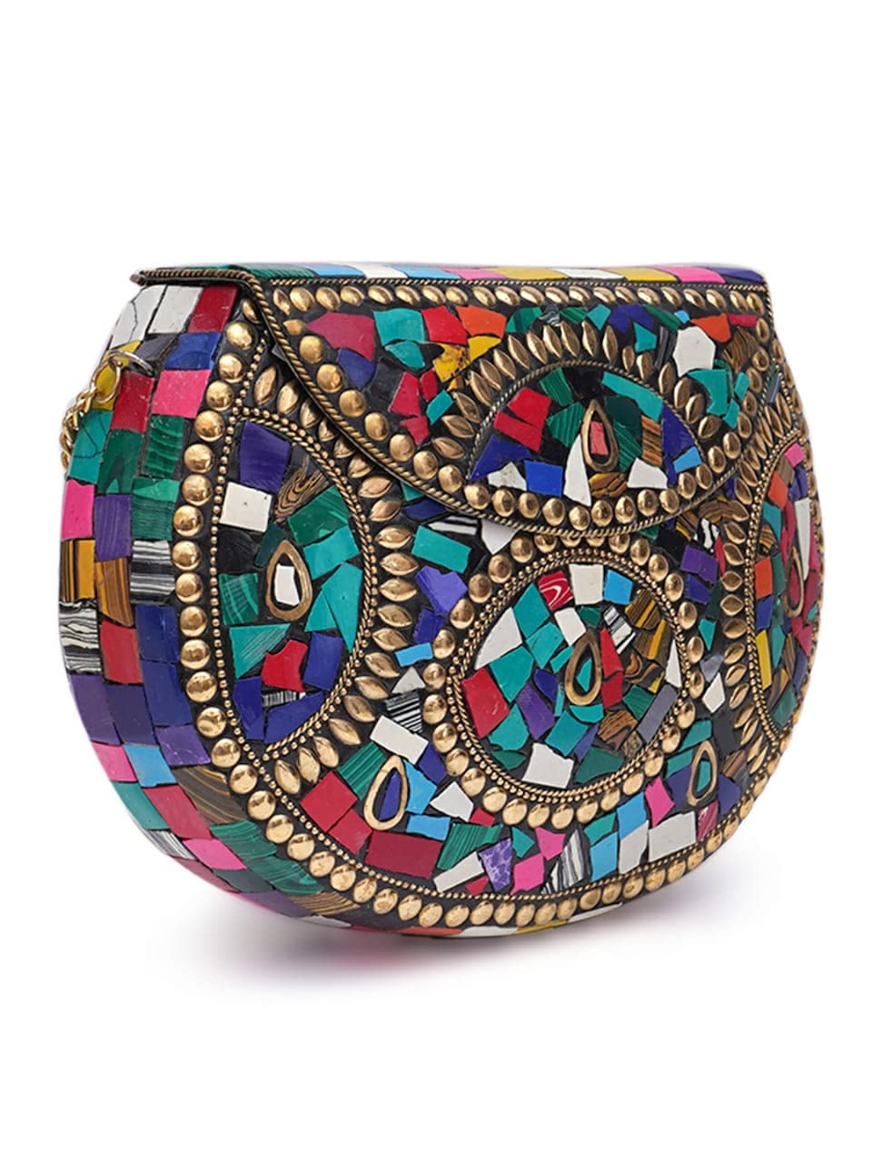 Shakuntala Vintage Clutch - Metal Mosaic Stone & Shell Design Purse - Handmade Women's Handbag