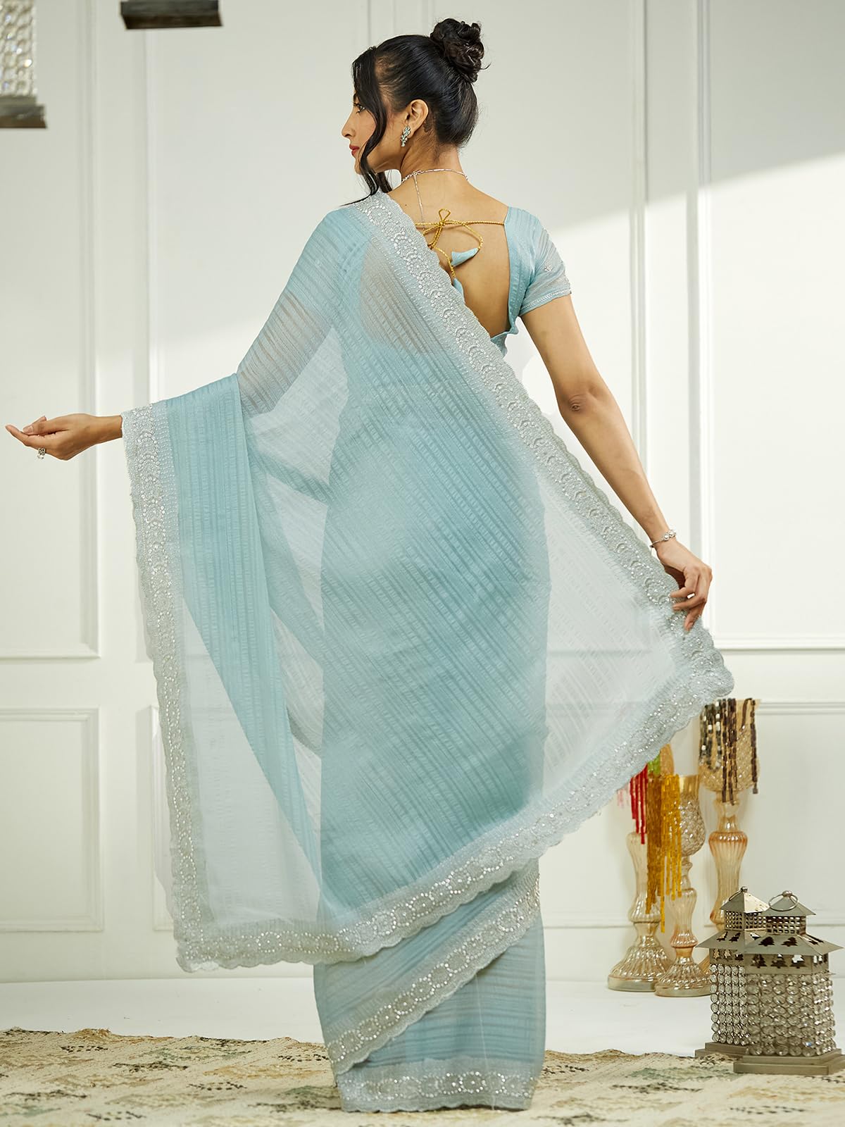 Satrani Women's Shimmer Chiffon Self Woven Embroidery Stone Work Saree With Unstitched Blouse Piece (4019S562N_Powder Blue)