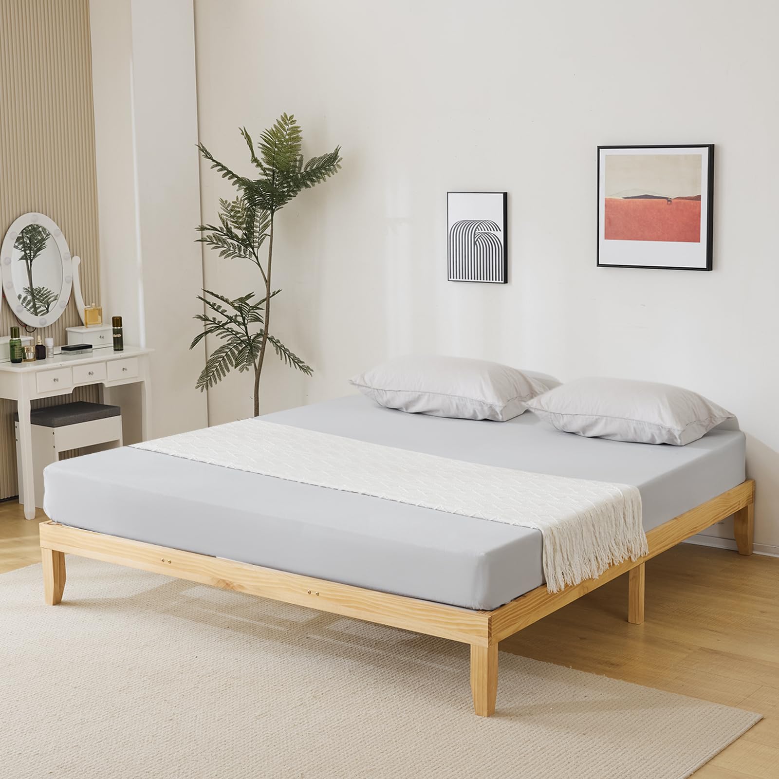 King Size Basic Bed Frame Single Wooden Bed Frames Solid Wood Mattress Foundation Heavy Duty Bedroom Furniture Platform