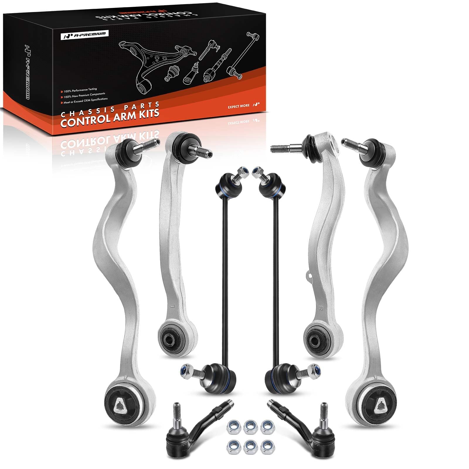 A-Premium 8Pcs Front Suepnsion Kit, Lower Forward & Rearward Control Arm, Sway Bar Link, Outer Tie Rod End, Compatible with BMW 528i 08-10, 525i/530i