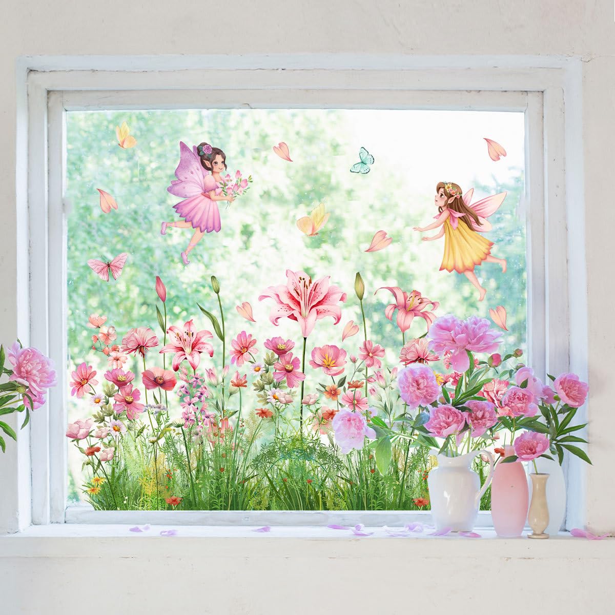 LOONELO Spring Summer Window Stickers, Wildflowers Floral Butterfly Window Clings, Double-Sided Natural Flower Greenery Glass Door Decals for Bedroom Living Room TV Office Home Decorations