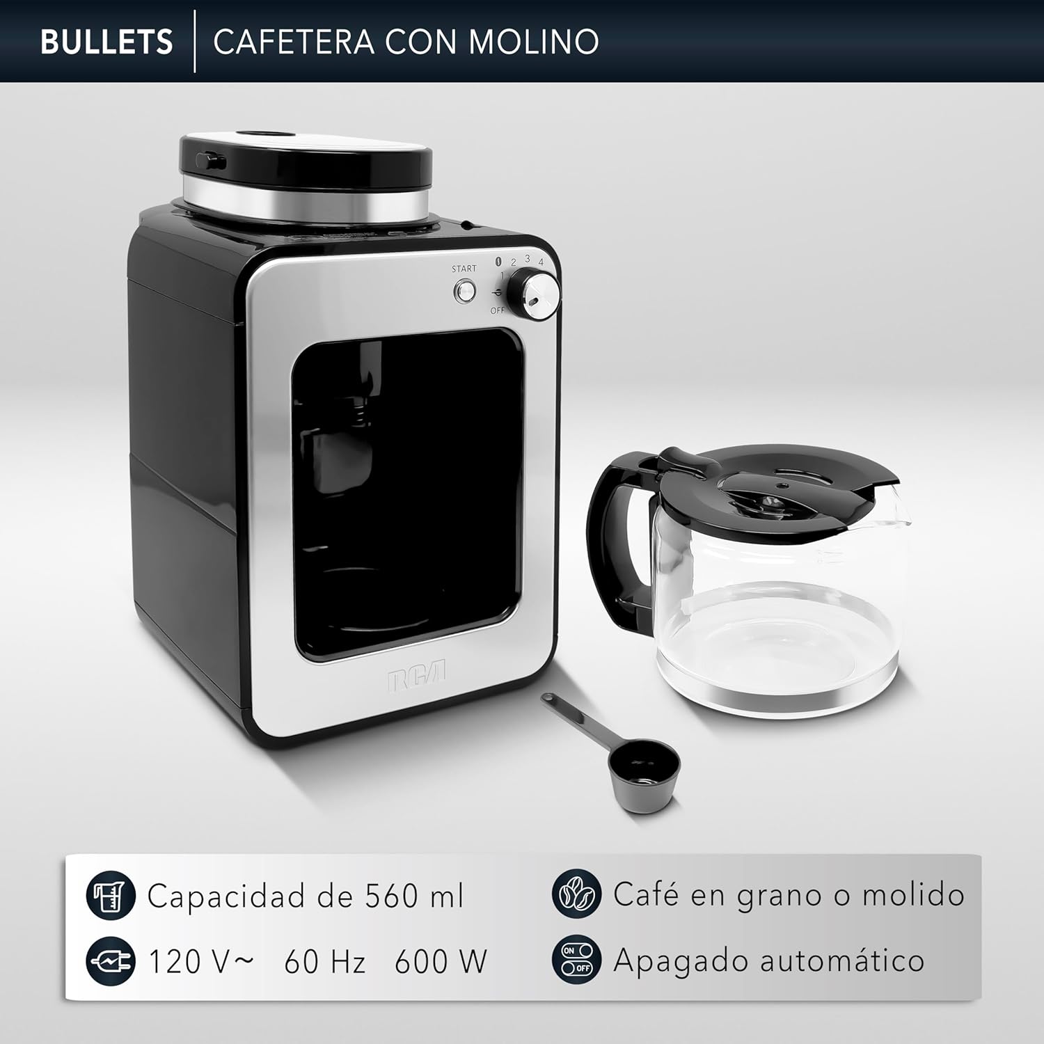 Key features of the RCA RC-CAF4 coffee maker: 560 ml capacity, 120V~ 60Hz 600W power, compatible with whole bean or ground coffee, and automatic shut-off.