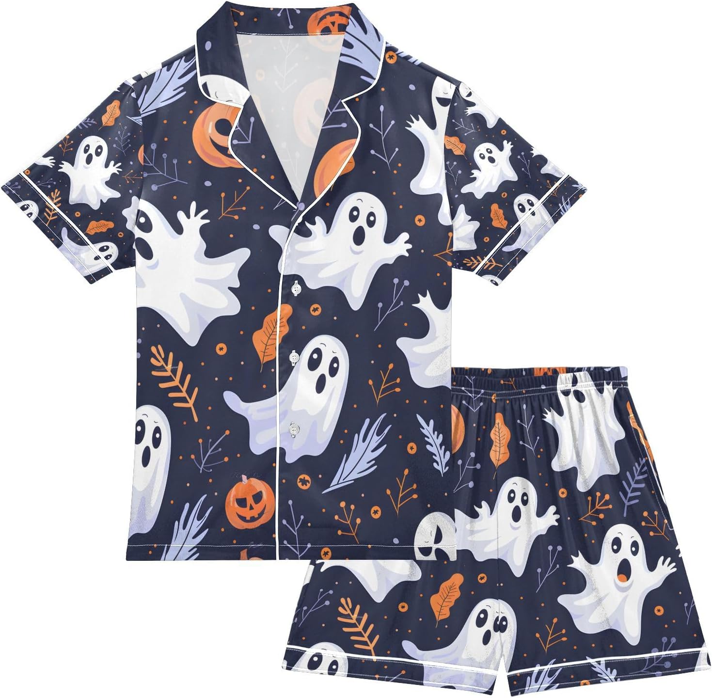 senya Halloween Ghost Elements Satin Summer Pajama Sets Silk Short Sleeve Button Down Sleepwear