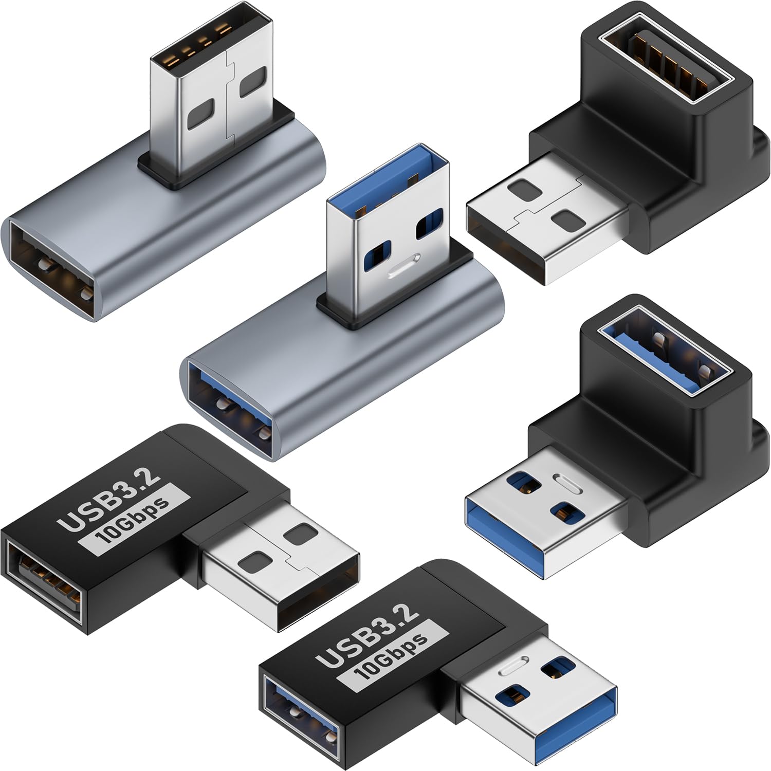 6 Pack 10Gbps USB 3.1 Male to Female Adapter Up Down Left Right 90 Degree Right Angle USB Cable Extension Connector 6 Types Support 3A Charging Speed