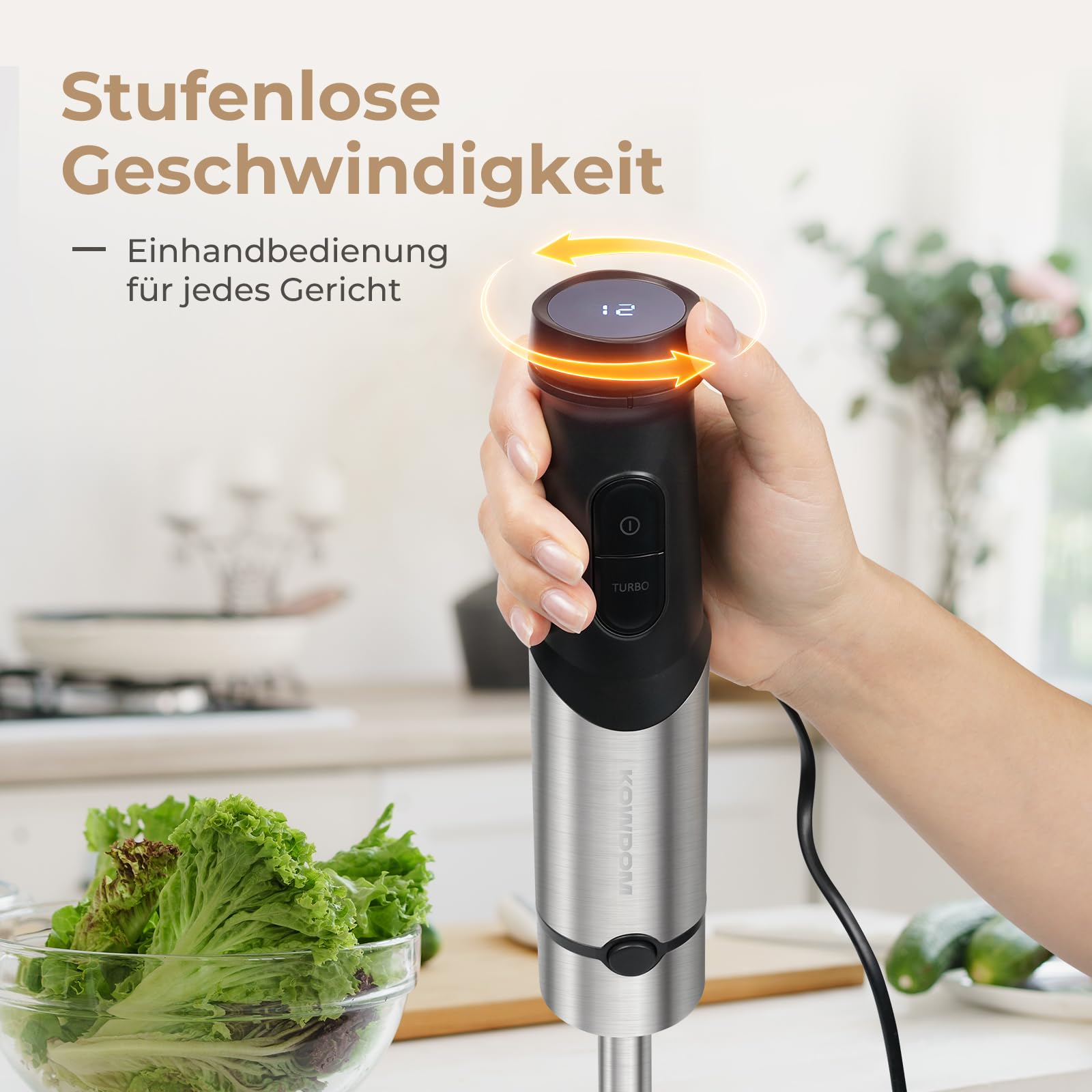Stabmixer Set 1200W mit 12 Geschwindigkeiten & Turbofunktion – Edelstahl Pürierstab für Suppen, Soße, Smoothies – inkl. 800 ml Messbecher, 600 ml Zerkleinerer & Milchaufschäumer – spülmaschinenfest