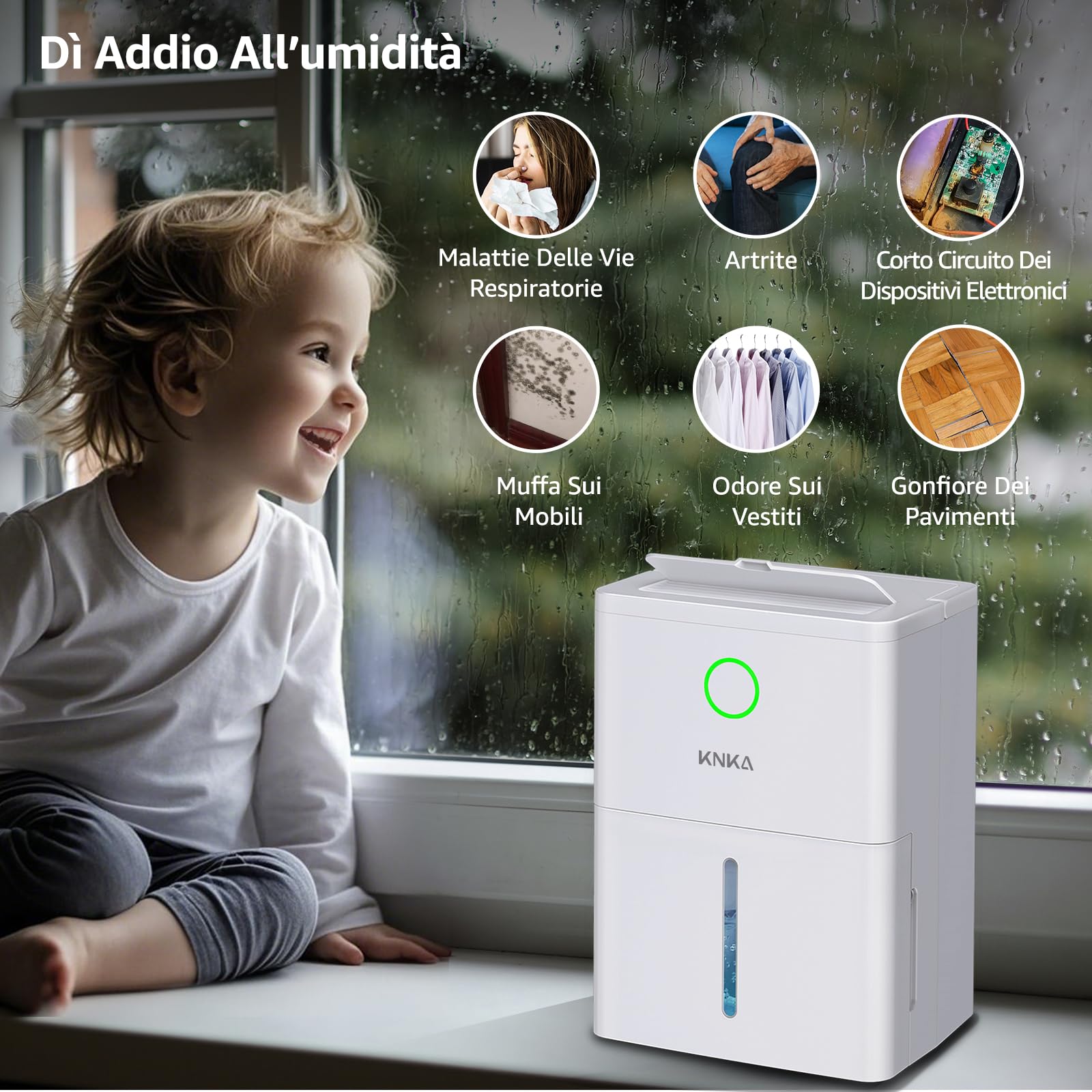 Deumidificatore KNKA, 9L/24H, Deumidificatore Casa Muffa, Indicatore Di Umidità LED, Allarme Serbatoio Pieno, Ruote Rimovibili, Compatto E Portatile, 60 m³ (25 m²), Per Bagno, Armadio, Lavanderia - Vista 2