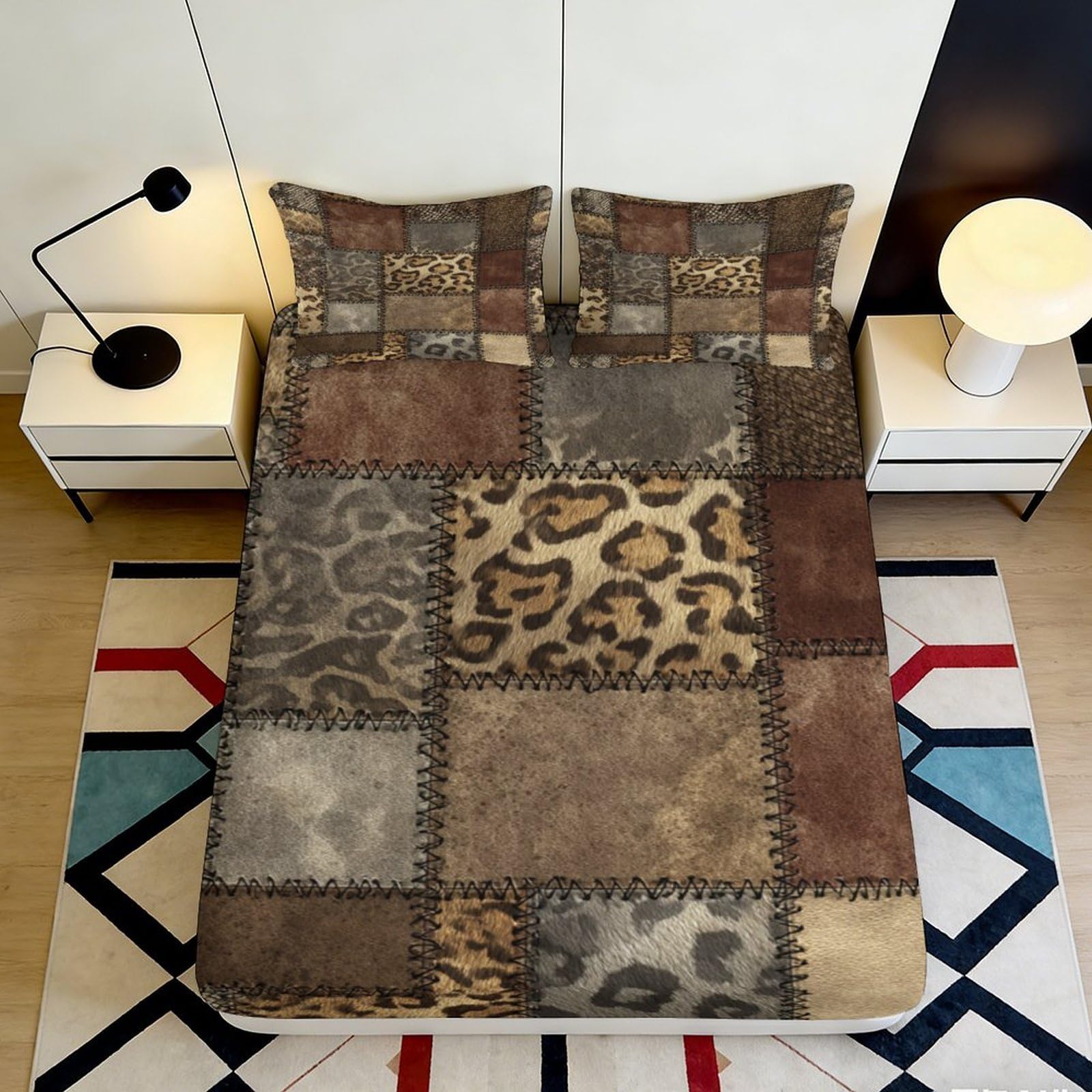 3D Printed Patchwork Leopard Fitted Sheet Microfiber Soft Brown Animal Skin Mattress Cover for Bedroom Decor 90x200x25cm