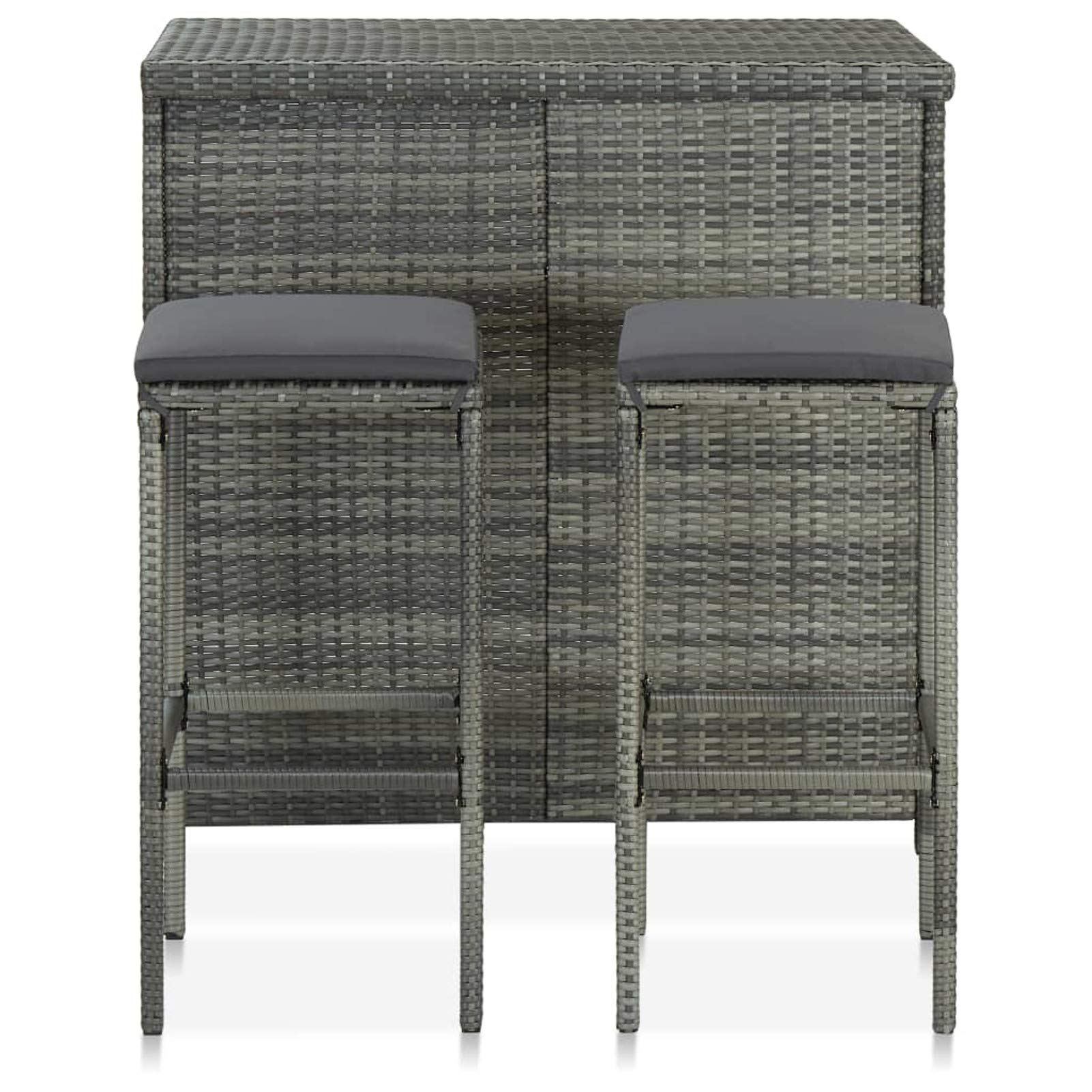Set da Bar in Polyrattan Grigio, per Bistrot e Soggiorno Esterno, Tavolo 102x60x105 cm con 2 Sgabelli 38x38x76 cm, Struttura in Acciaio e Rattan PE, Cuscini in Poliestere Antracite, per Uso Domestico