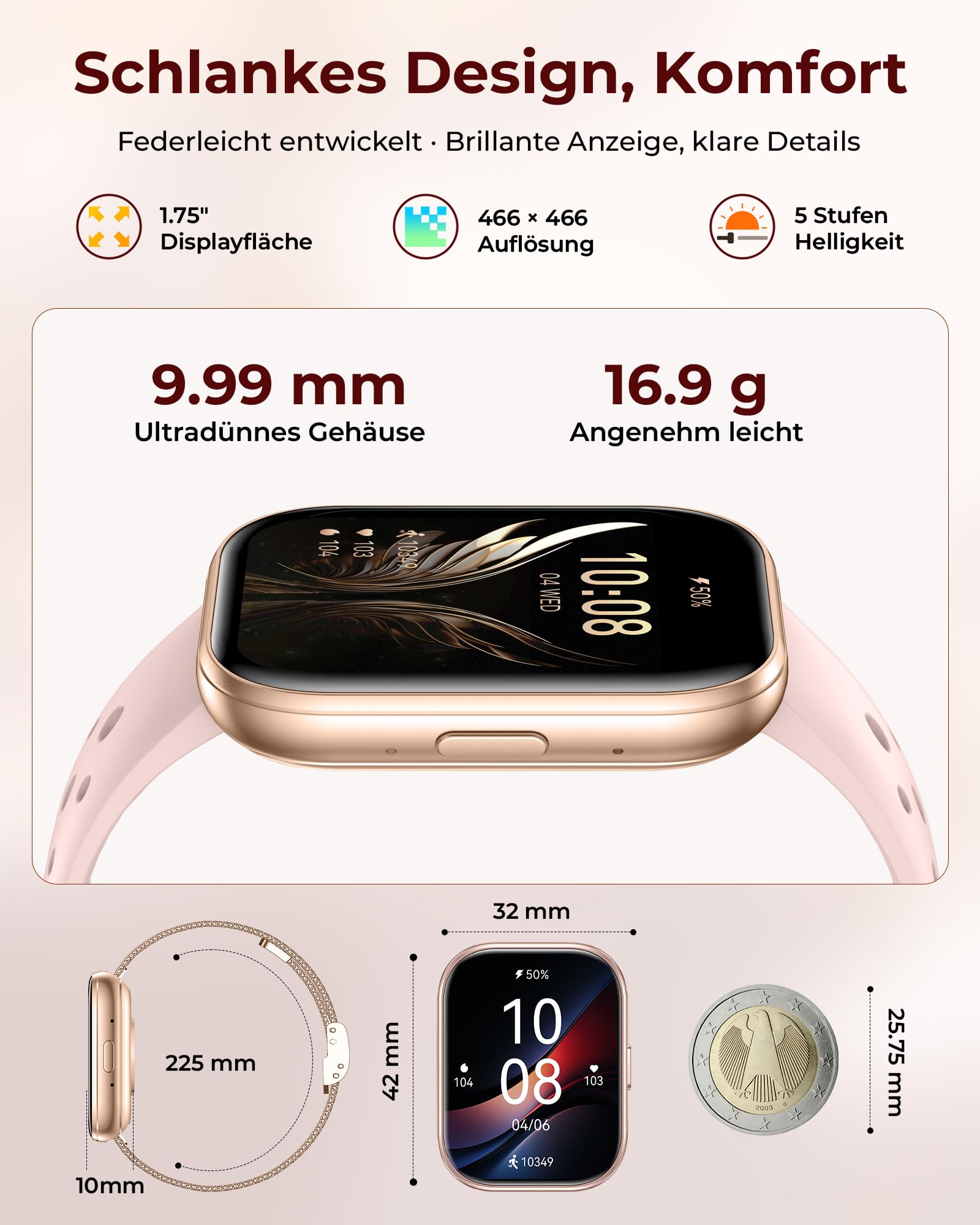 Iaret Smartwatch Damen, Geschenkset mit 4 Wechselarmbändern & Schmetterlings-Charm, 1,75" HD Display, Bluetooth Anrufe, Herzfrequenz SpO2 Schlaf Tracking, 120+ Sportmodi, Kompatibel mit Android iPhone