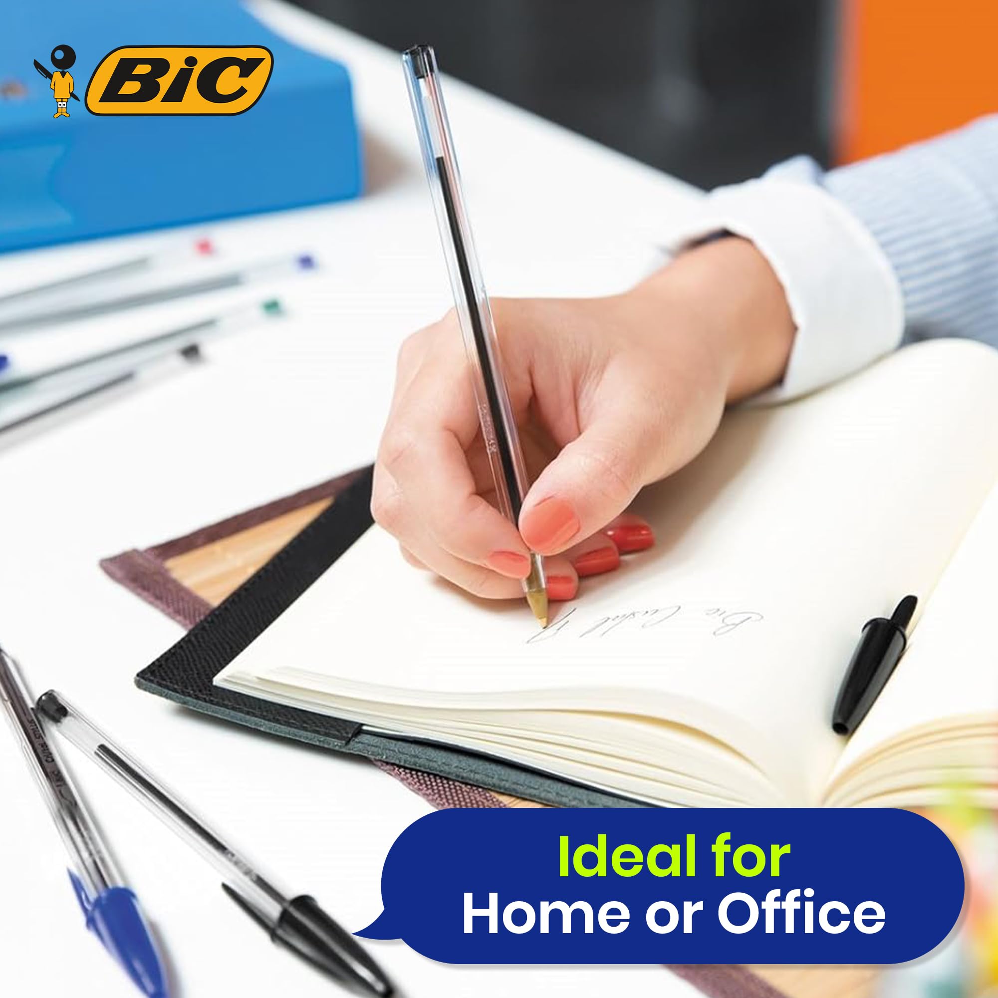 BIC Cristal Original Lot de 10 stylos à bille à pointe fine de 1 mm, couleurs assorties, stylos fiables pour l'école et le bureau, écriture lisse, prise en main confortable, durable et durable