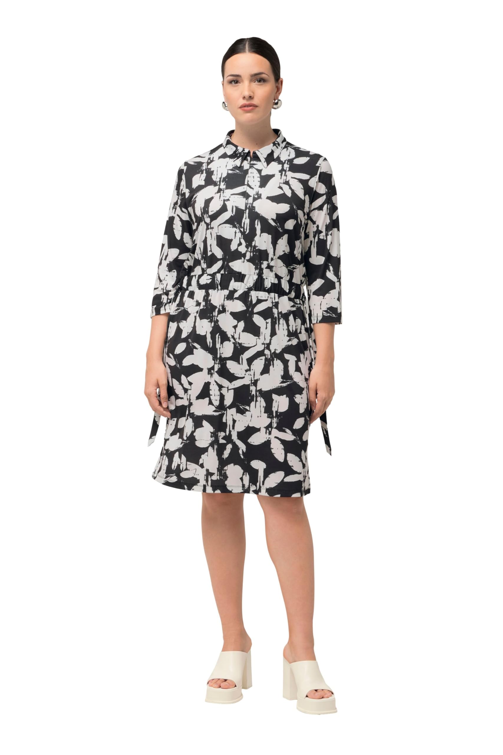 Ulla Popken Damen große Größen Übergrößen Plus Size Jerseykleid, Blätter, Hemdkragen, 3/4-Arm 825554