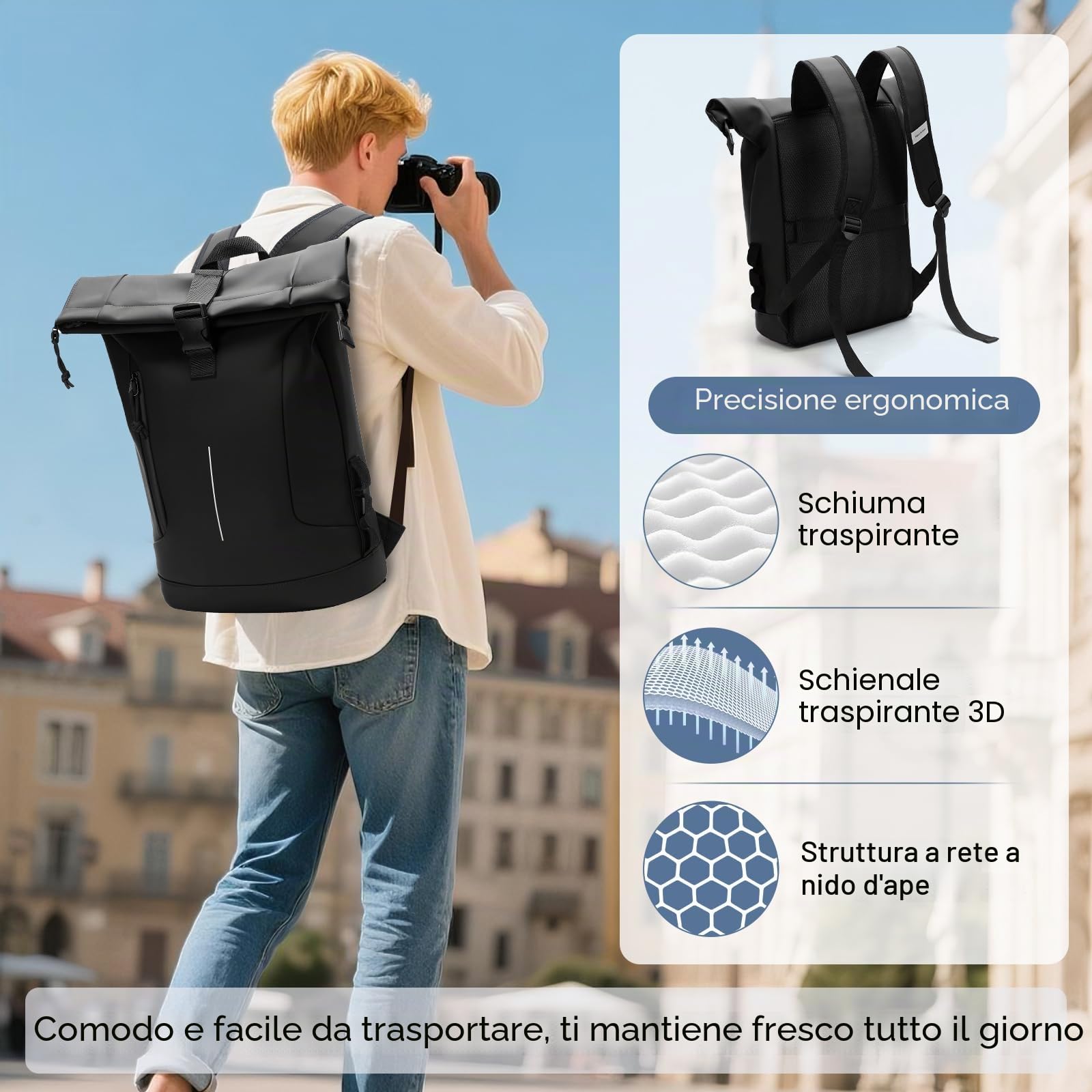 Zaino Rolltop Uomo Donna, Zaino Porta PC 17 Pollici Impermeabile, Grande zainetto da Viaggio Uomo Rains Zaini, Zaini Lavoro Uomo Elegante per Viaggi Lavoro Università Scuola Casual