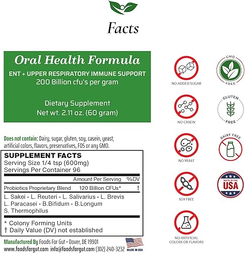 Miniatura 2 de Foods For Gut Probióticos para el cuidado bucal en polvo de 200 mil millones de UFC  ENT y apoyo inmunológico respiratorio superior  Alta potencia