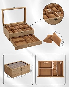 Uten 10-Slot Watch Box, 2-Layers Watch Display Case with Glass Lid