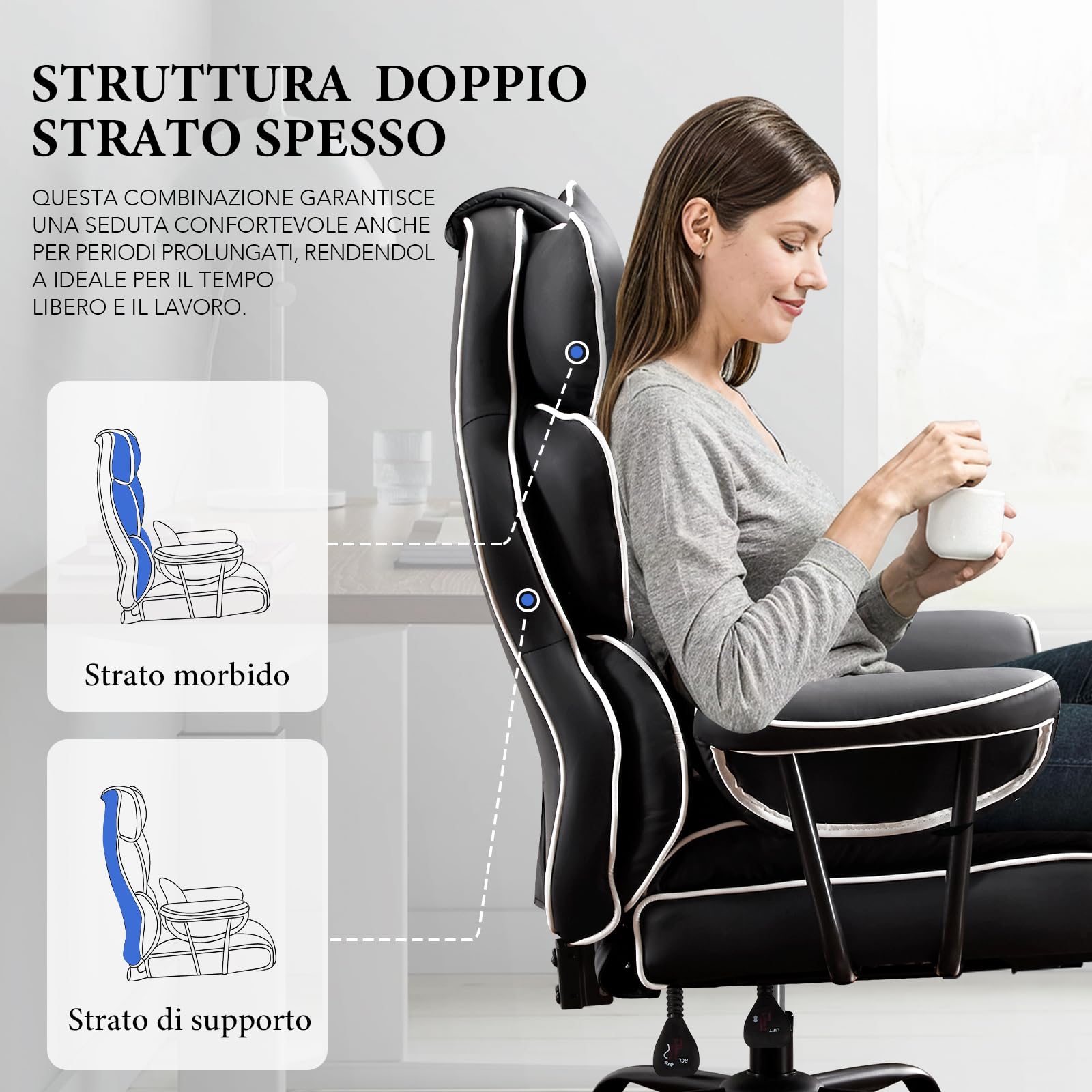 Sedia Ufficio Ergonomica, Poltrona Direzionale in Pelle PU, Sedia Gaming con Poggiapiedi e Supporto Lombare, Sedia da Ufficio Reclinabile Girevoli Altezza Regolabile 200kg (Nero)