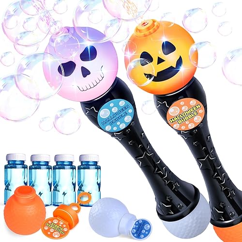 Paquete de 2 varitas sopladoras de burbujas con luz de Halloween, máquina de burbujas brillantes de calabaza y fantasma con 4 soluciones de