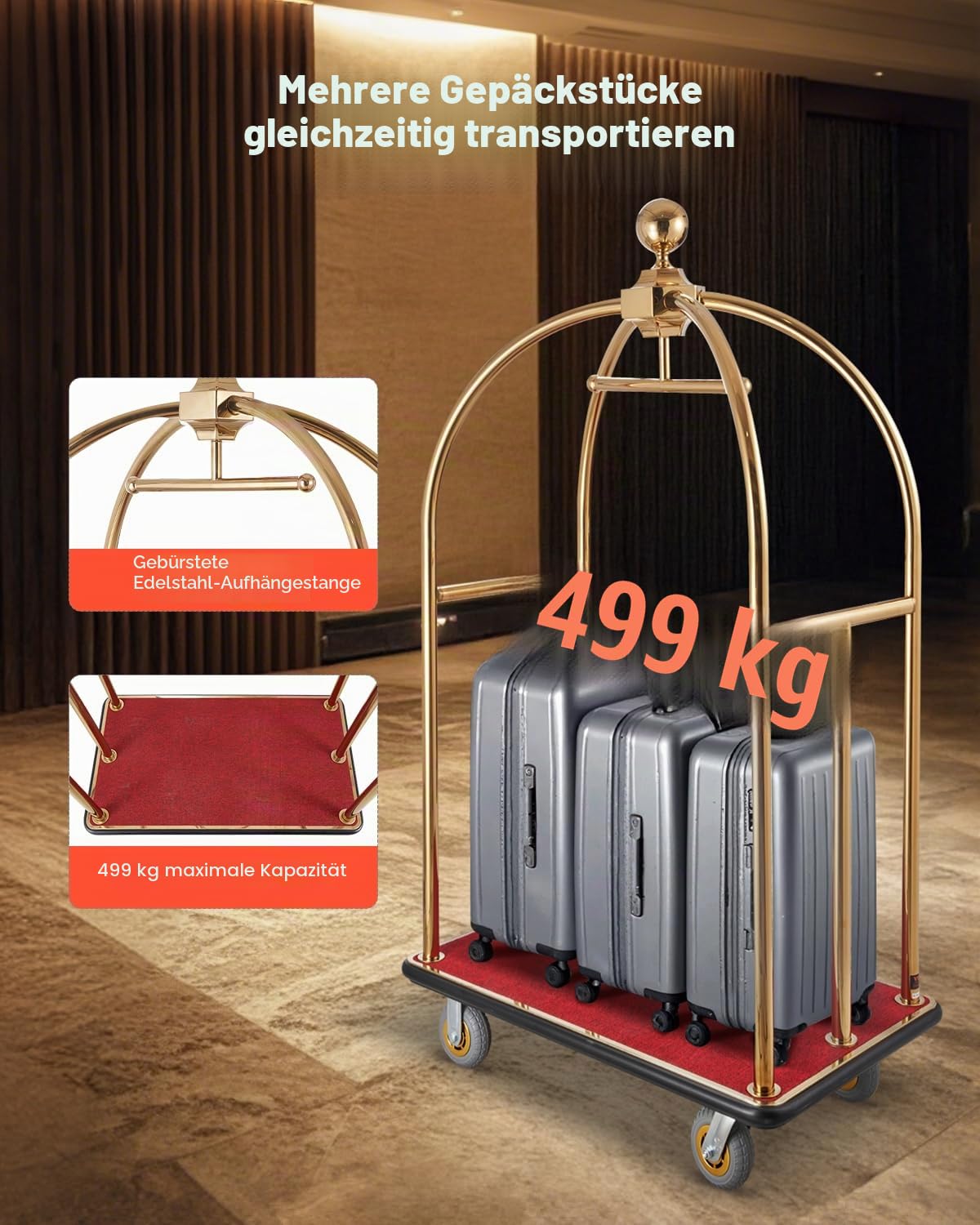 VEVOR Hotelgepäckwagen, 500 kg Tragkraft, Edelstahl-Pagenwagen mit gebogenen Pfosten, Parkservice-Wagen mit rotem Teppichboden & 15 cm Gummirädern, ideal für Hotels, Eigentumswohnungen, Resorts