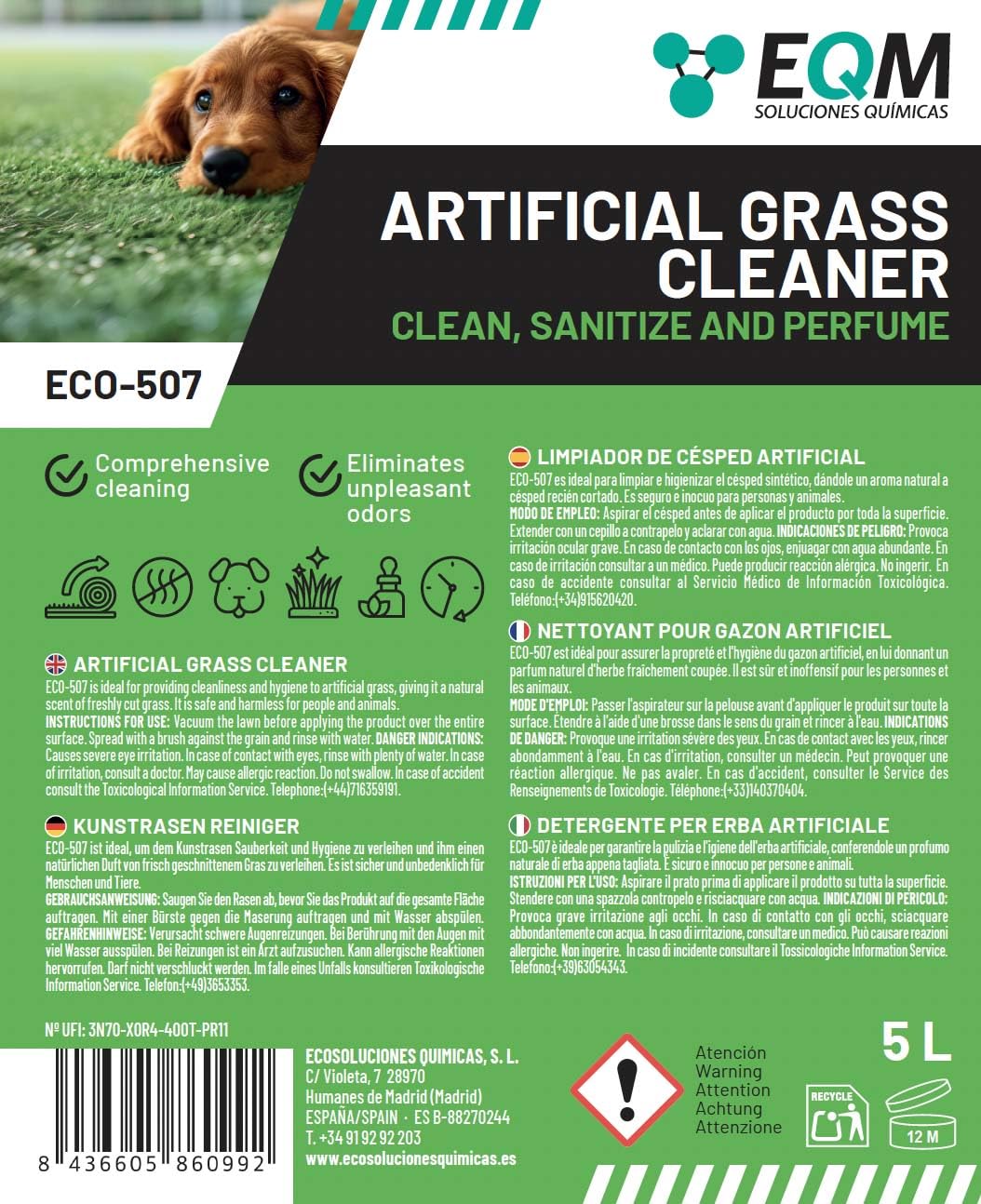 EQM - ECO-507 - Limpiador e Higienizante de Césped Artificial - 5L - Limpia, Higieniza y Perfuma - Formato Ahorro, Larga Duración - No Tóxico — view 8